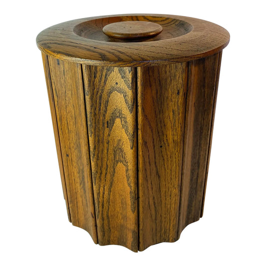 1970s Mid-Century Modern Oak Ice Bucket With Lid — Fluted Slat Barware