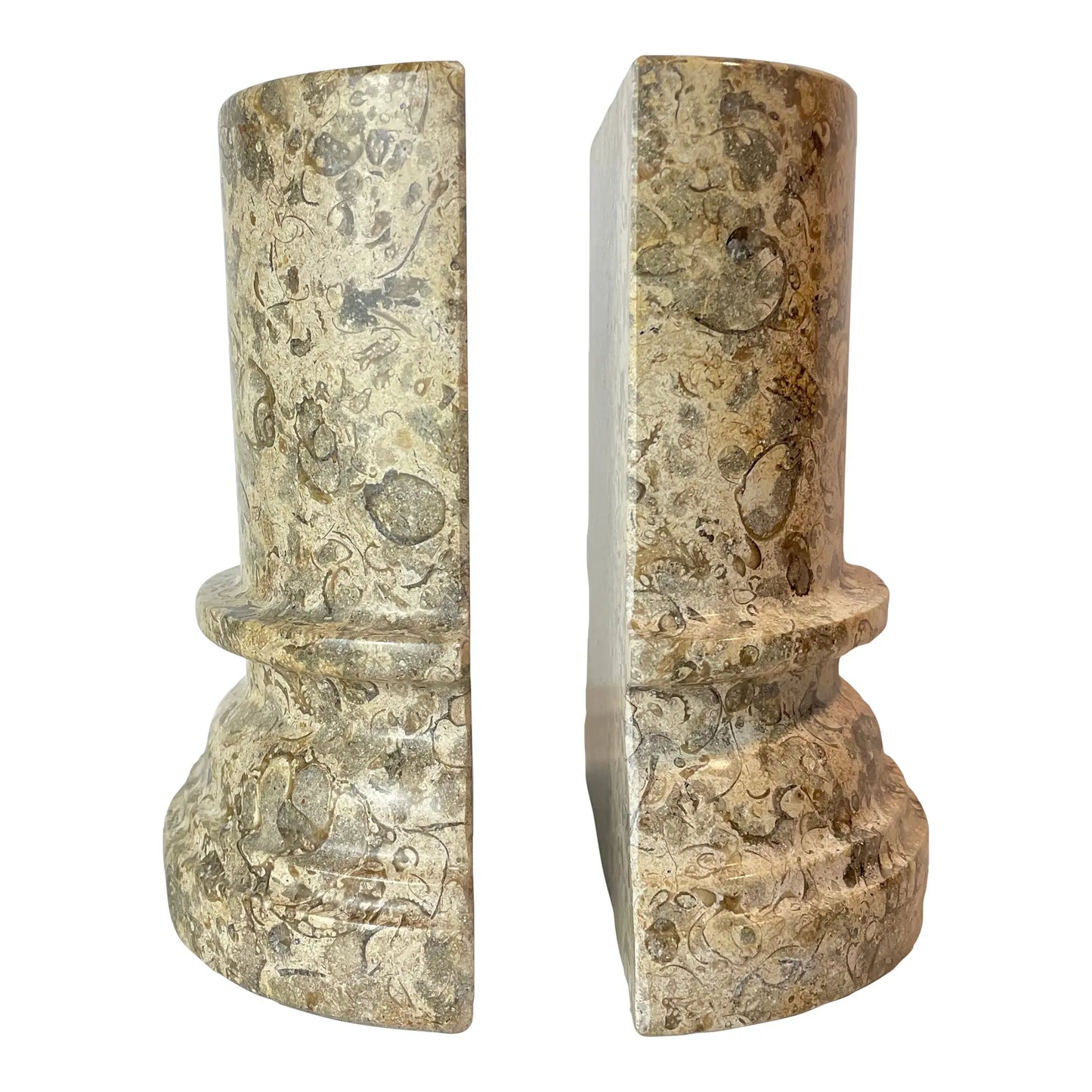 1980s Postmodern Fossil Stone Column Bookends Sculptural Natural Stone Pair