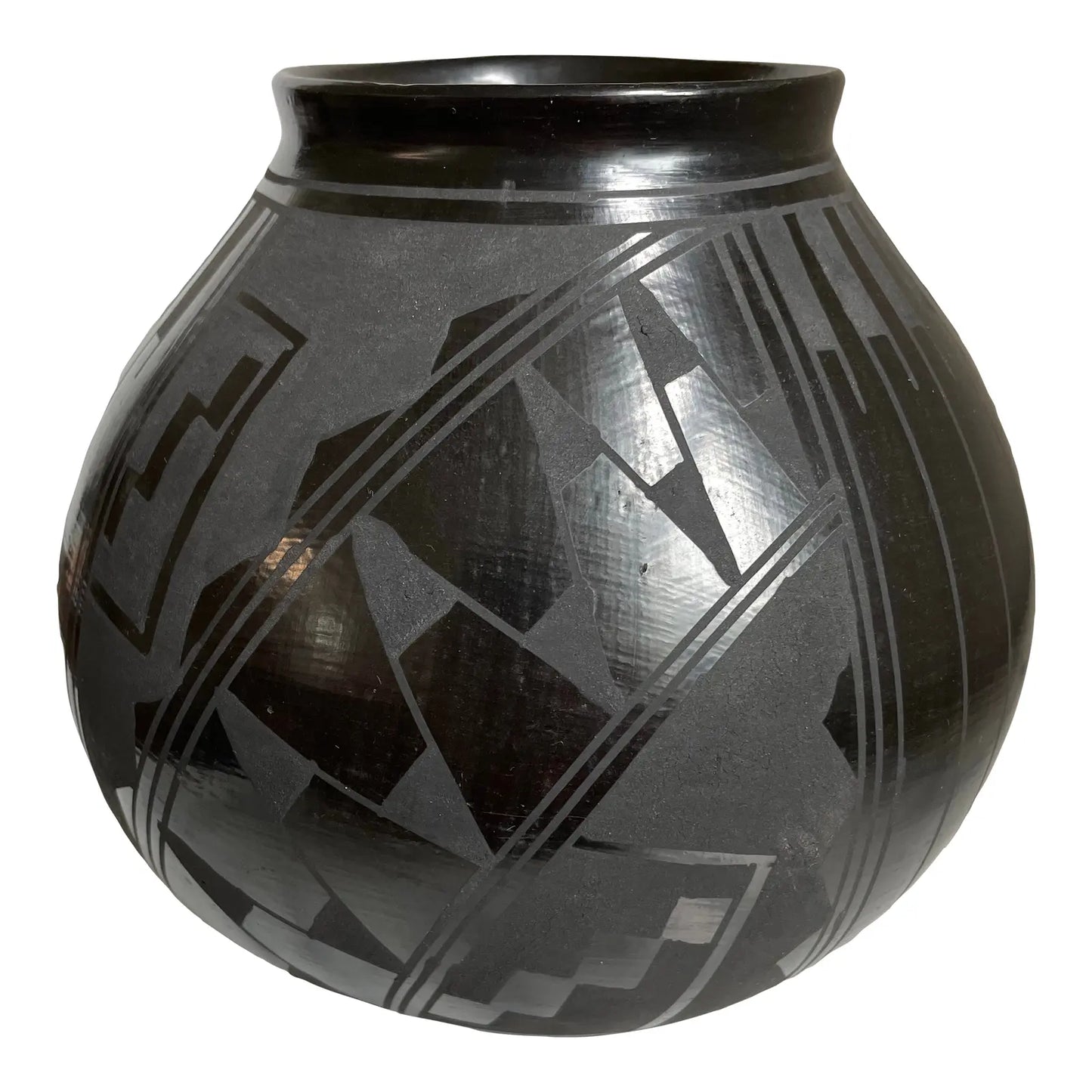 1990s Mata Ortiz Geometric Blackware Vase by David Ortiz