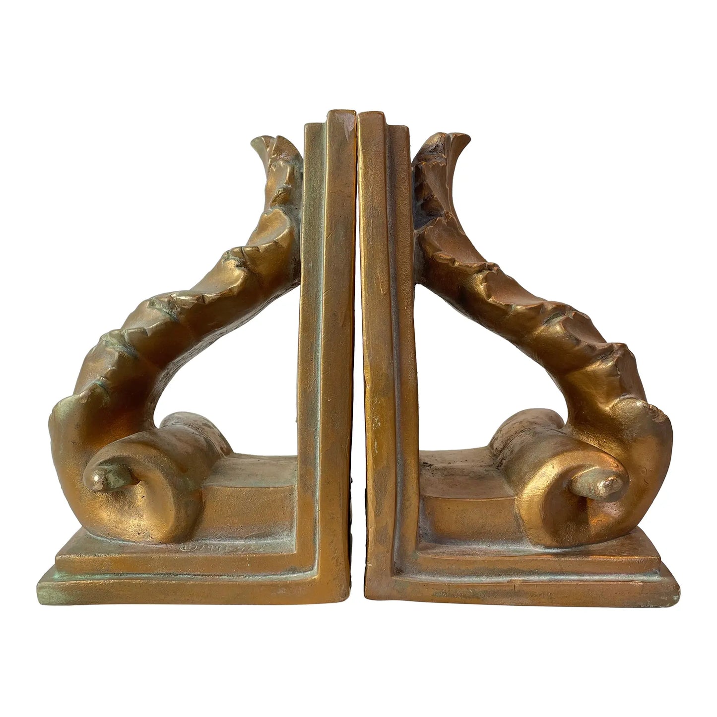 1991 Brushed Gold Plaster Acanthus Leaf Scroll Cornice Wall Sconces or Bookends