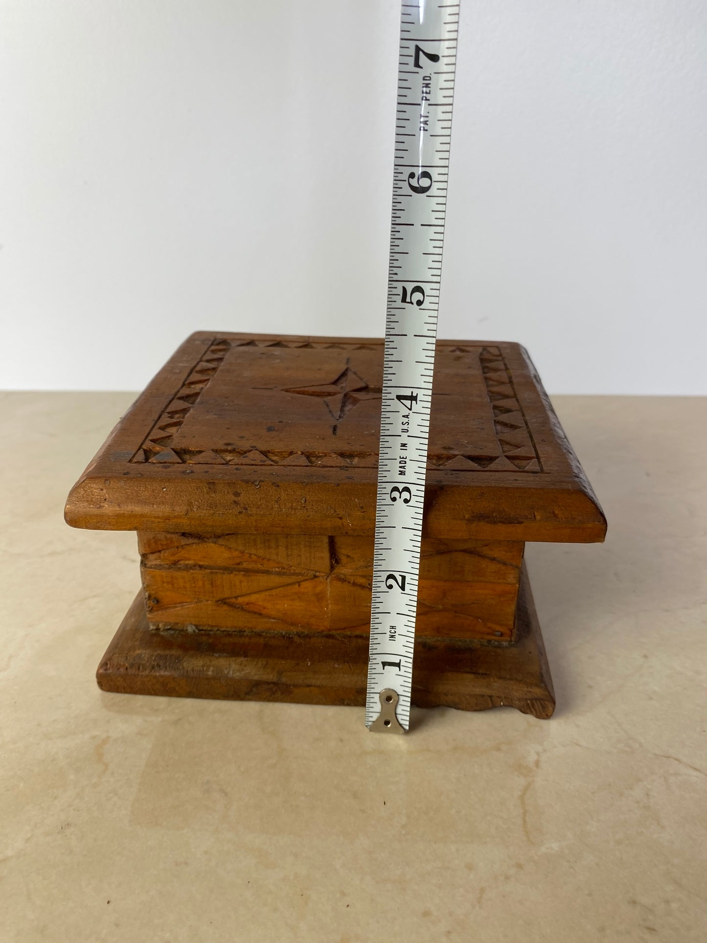 Vintage Hand-Carved Wood Folk Art Lidded Box With Star Motif