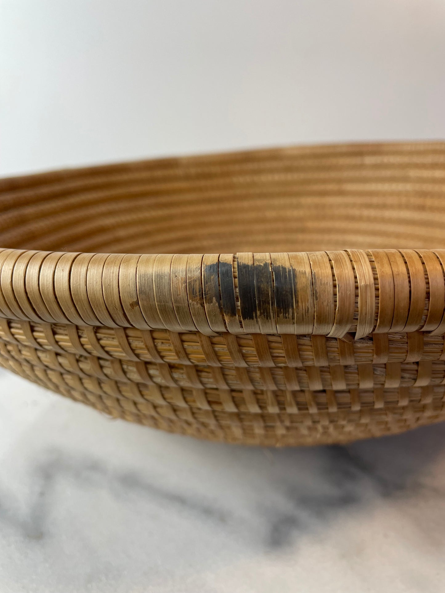 Handwoven Coiled Rattan Shallow Basket Bowl Natural Fiber Boho & Coastal Decor