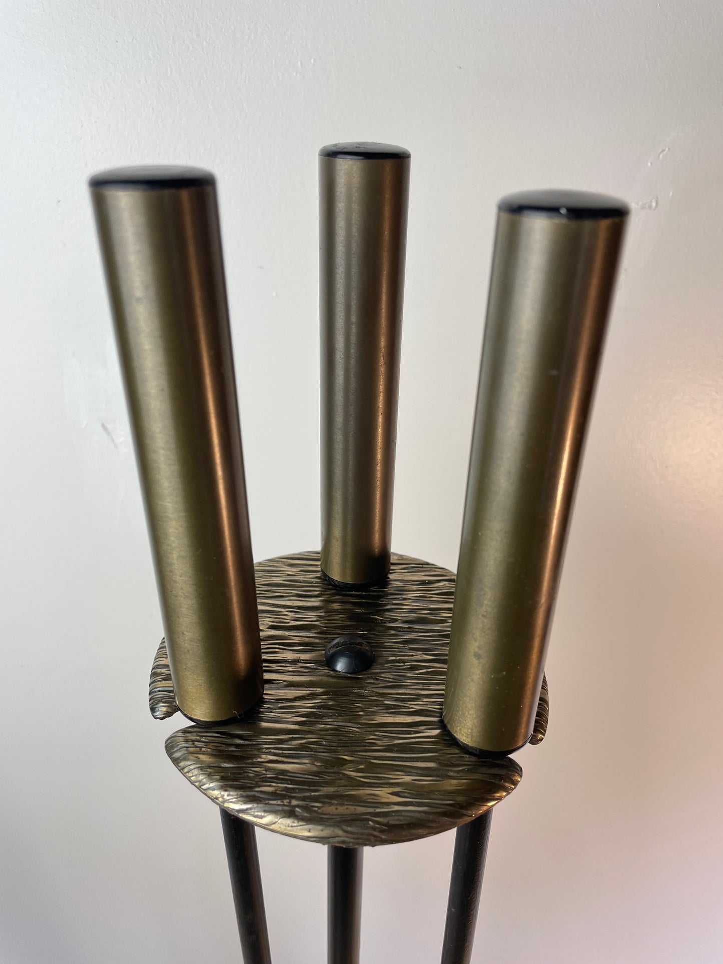 Mid-Century Modern Black Iron & Brass Fireplace Tool Set With Stand
