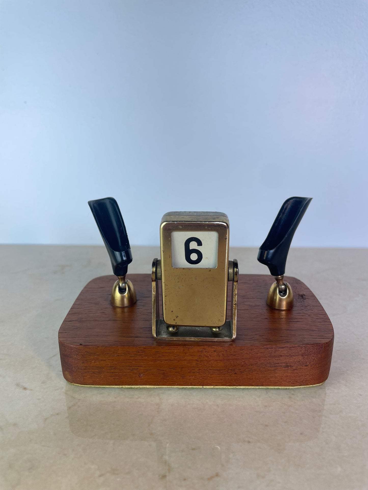 Mid-Century Brass & Walnut Perpetual Calendar Desk Set With Pen Holders