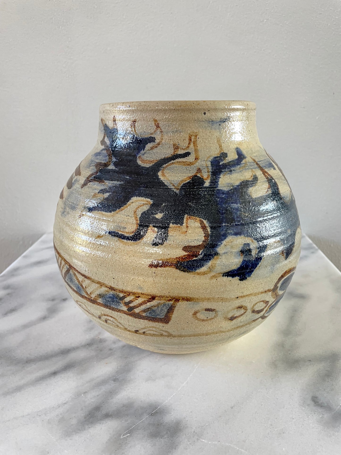 Mid 20th Century Rustic Glazed Stoneware Pot With Dragon Motif