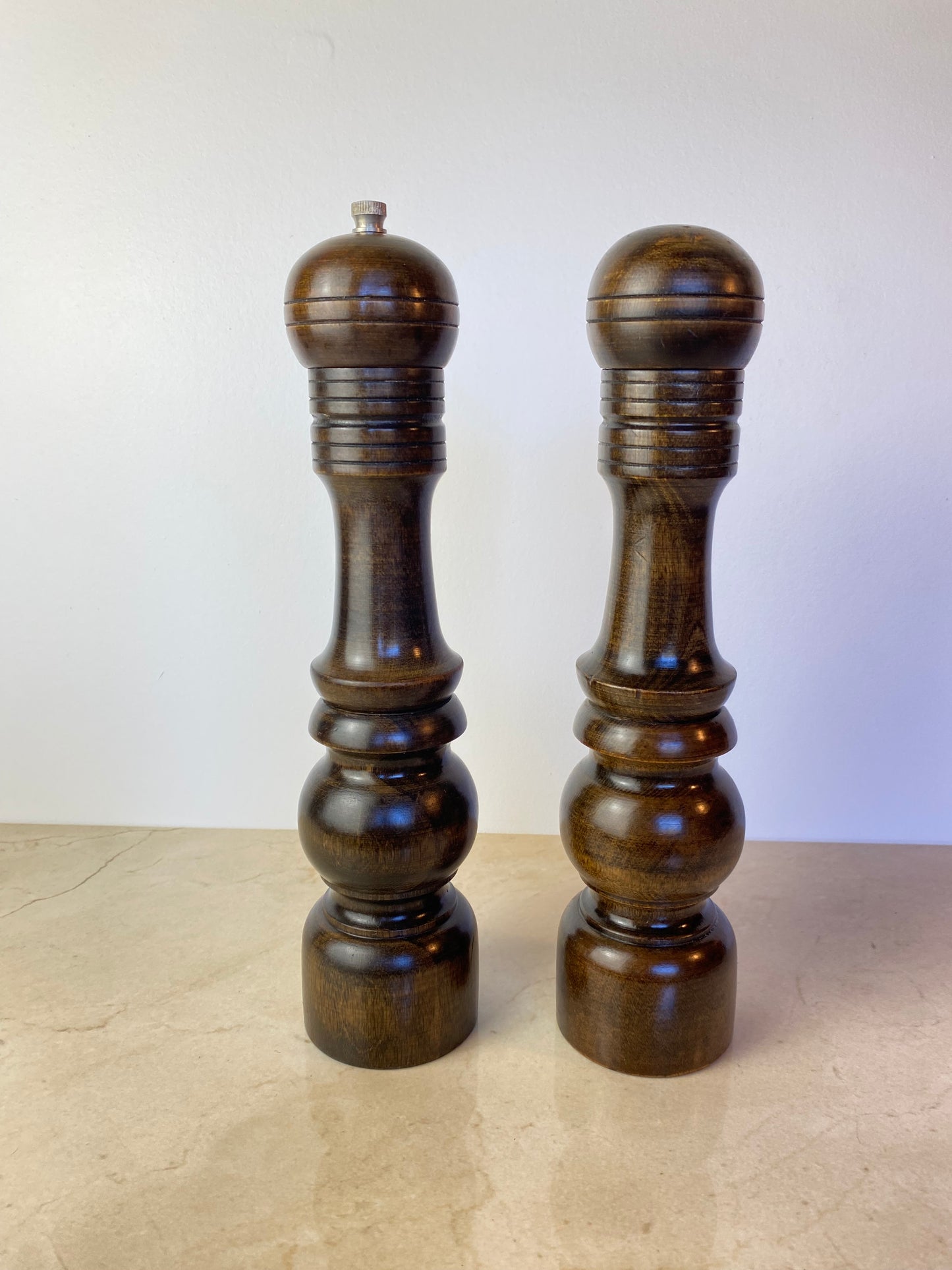 Vintage Made in Japan Dark Hardwood Salt & Pepper Mill Set, Turned Wood Grinder Pair