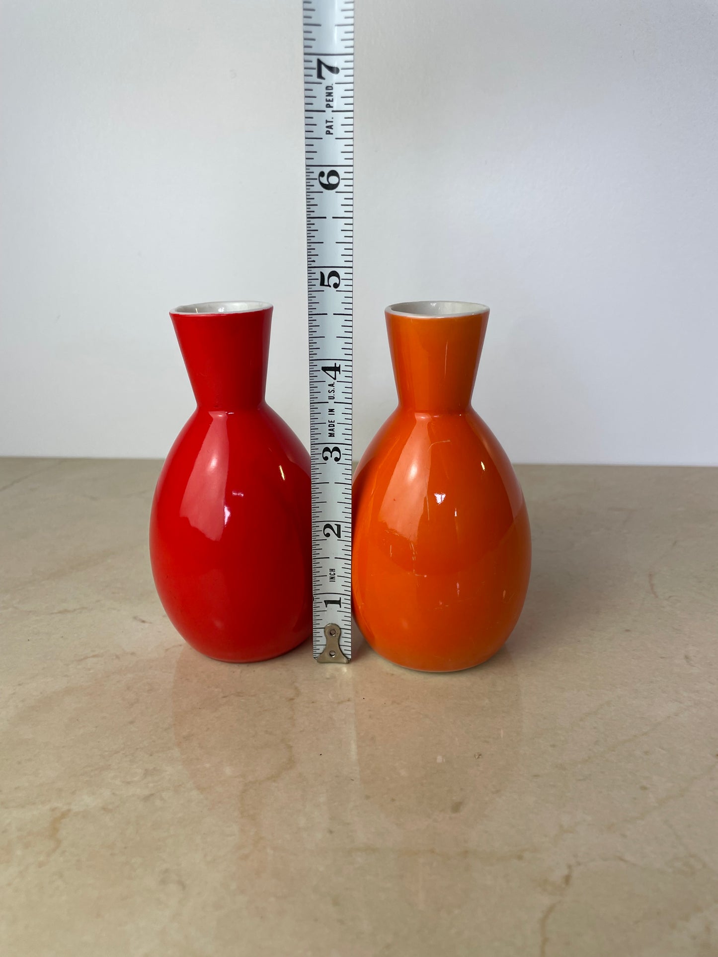 Pair Vintage Omc Japan Ceramic Sake Bottles, Red & Orange
