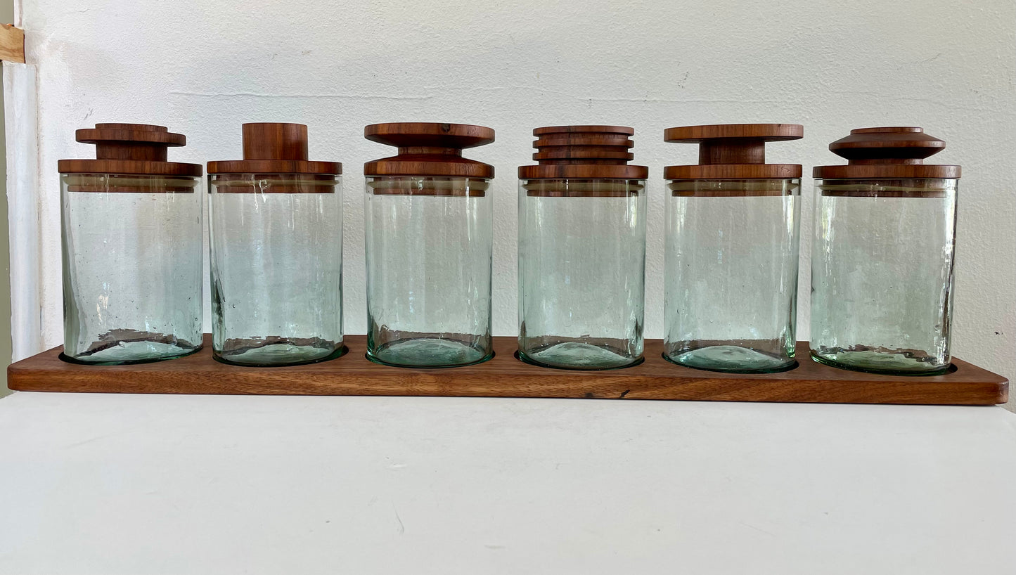 Mid 20th Century Solid Walnut and Blown Glass Canister Jars With Stand- 7 Pieces