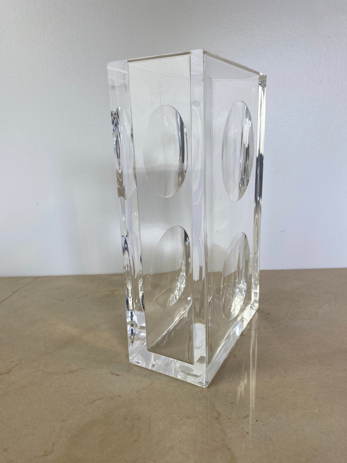 Vintage Guzzini Lucite Block Vase, Italian Space Age, Signed