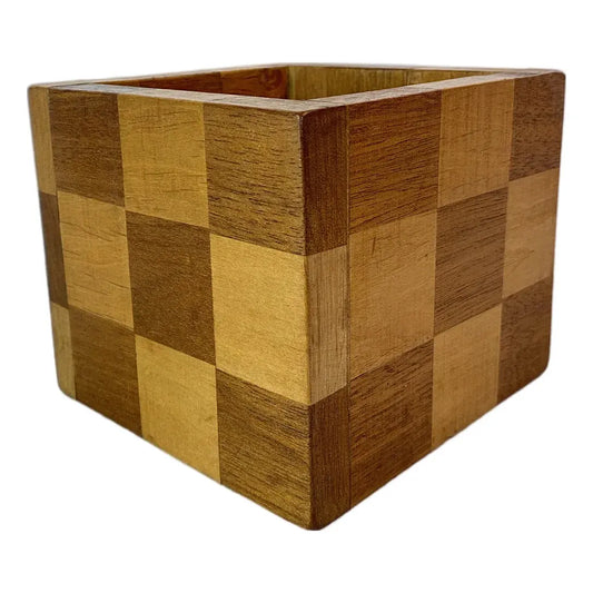 20th C. Mid-Century Modern Handcrafted Checkerboard Inlay Mixed Wood Cube Pen Holder or Planter