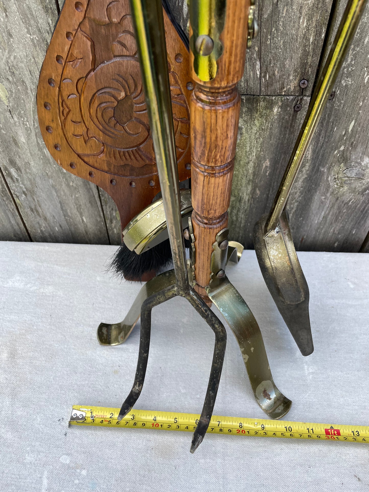 Mid-Century Oak Handled Fireplace Tools Set With Brass Accents and Stand- 5 Pieces