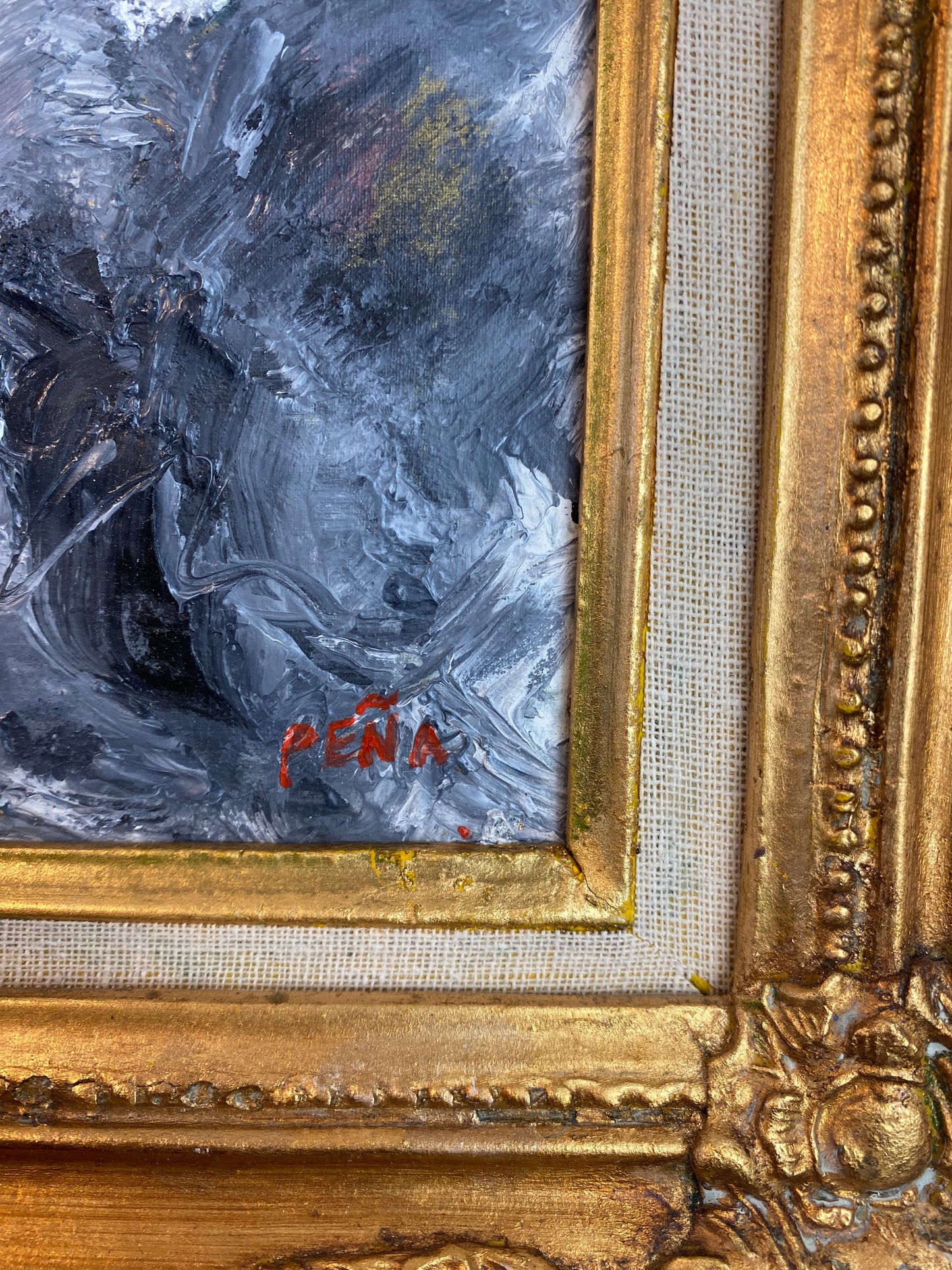 Original Abstract Expressionist Oil Painting in Ornate Vintage Gilded Frame