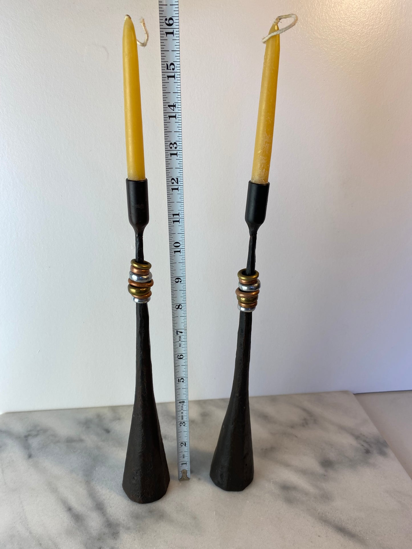 Pair Rustic Forged Iron Candlestick Holders With Mixed Metal Rings Luis Marquez Sekoya Originals