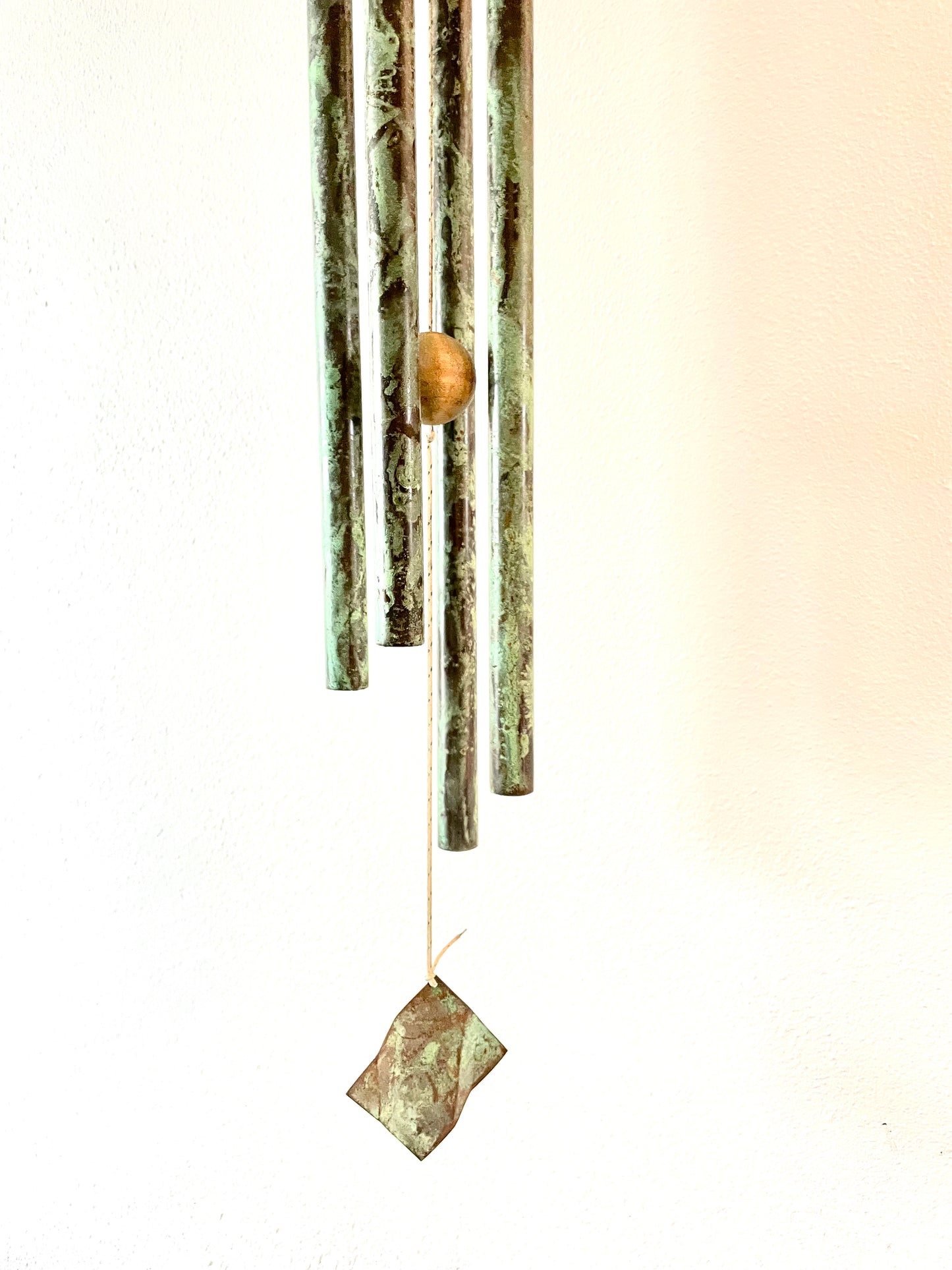 Mid-Century Modern Walter Lamb Style Verdigris Copper and Wood Wind Chime