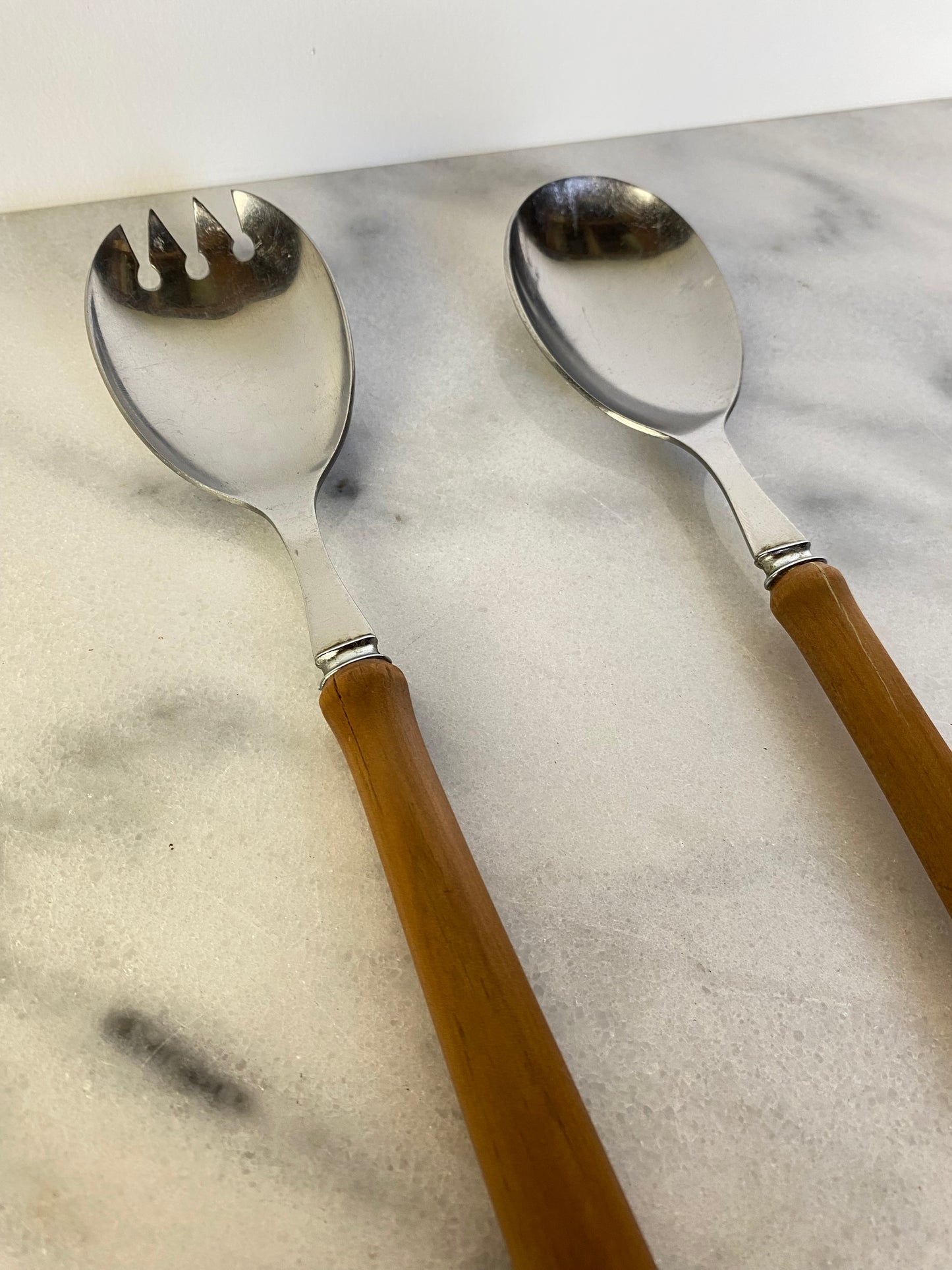 Vintage Sheffield England Wood Handled Salad Serving Set - a Pair