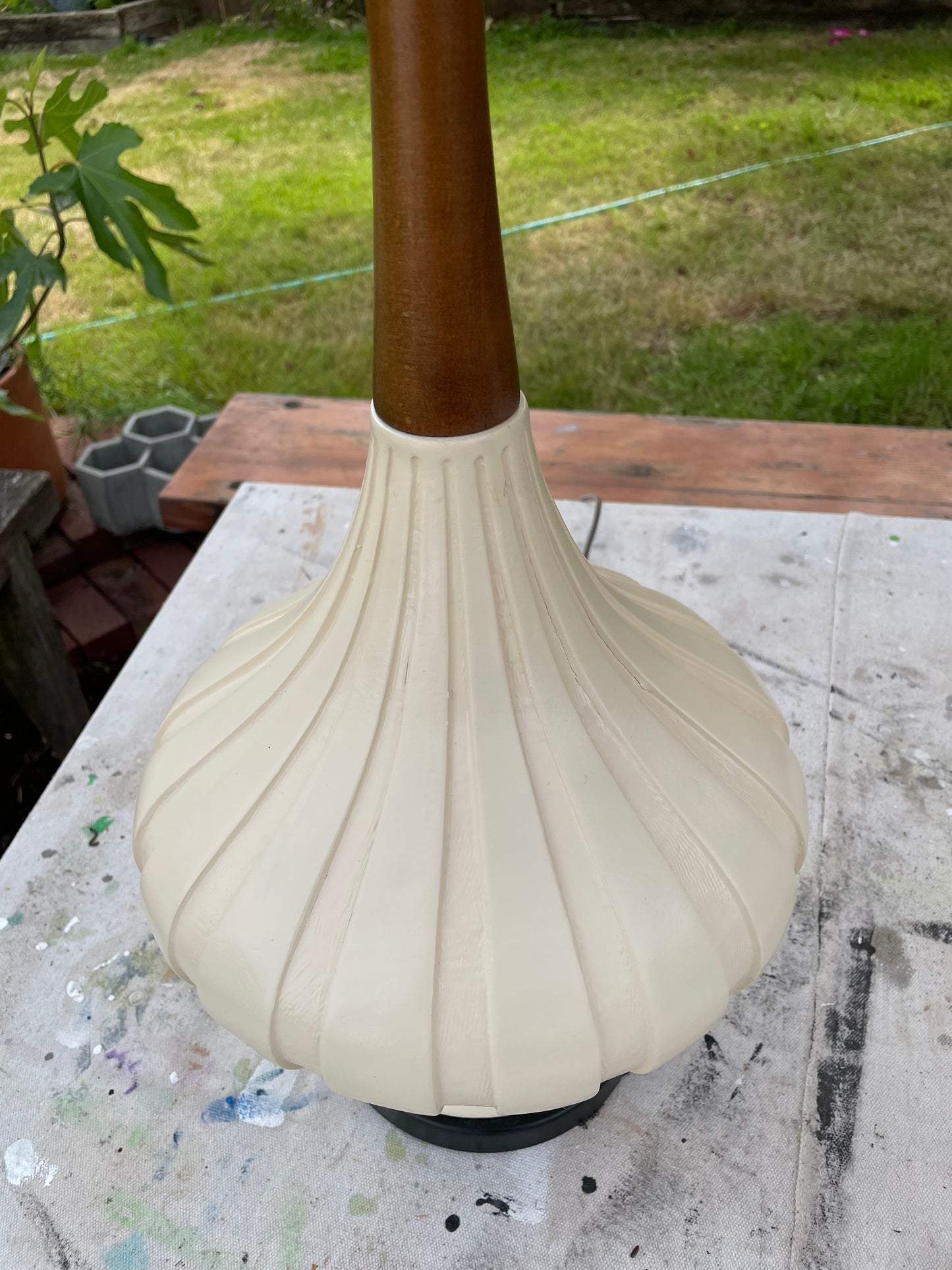 Mid-Century Modern Elongated Fortune Lamp Co. Teardrop Table Lamp in Walnut & Porcelain - A Pair