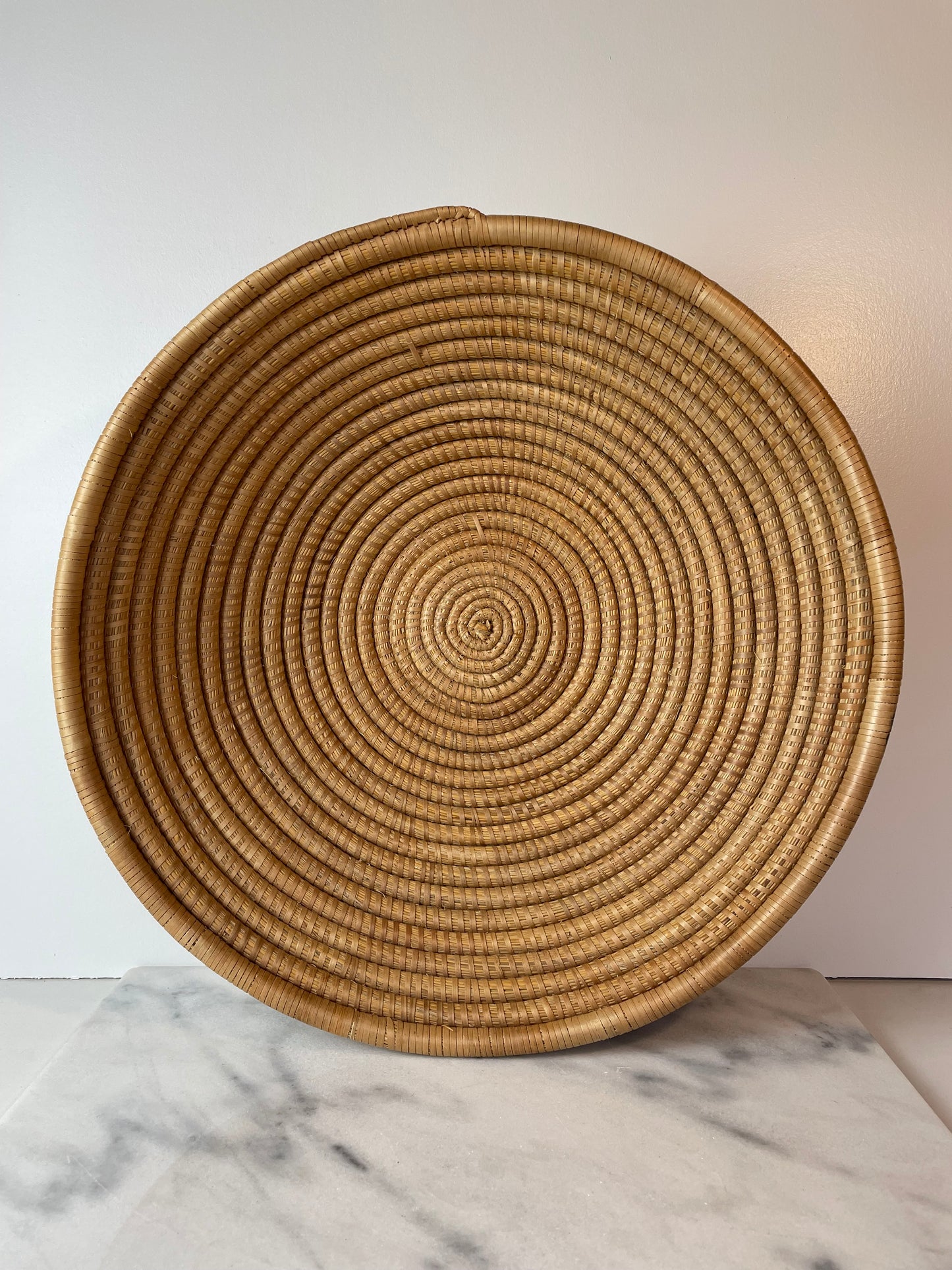 Handwoven Coiled Rattan Shallow Basket Bowl Natural Fiber Boho & Coastal Decor