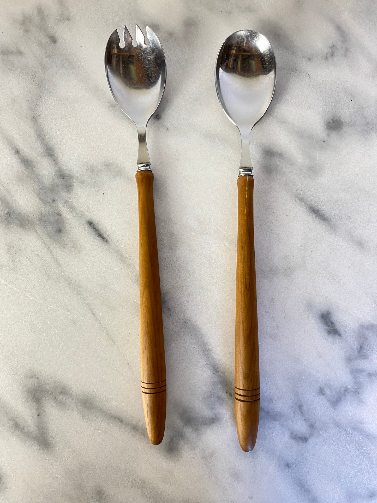 Vintage Sheffield England Wood Handled Salad Serving Set - a Pair