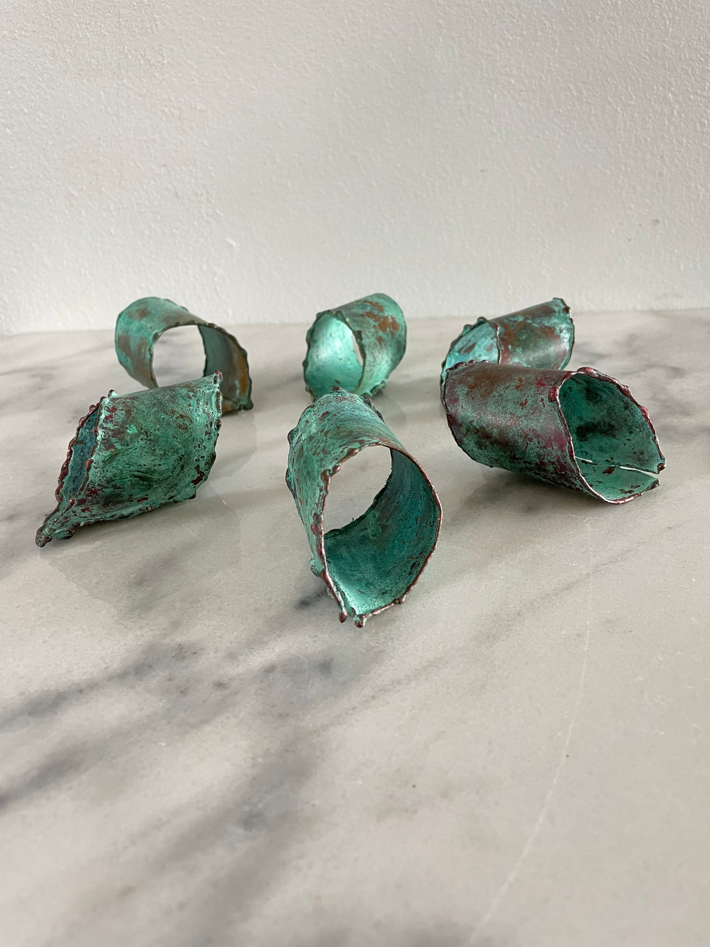 Mid 20th Century Rustic Verdigris Patina Copper Napkin Rings - Set of 6