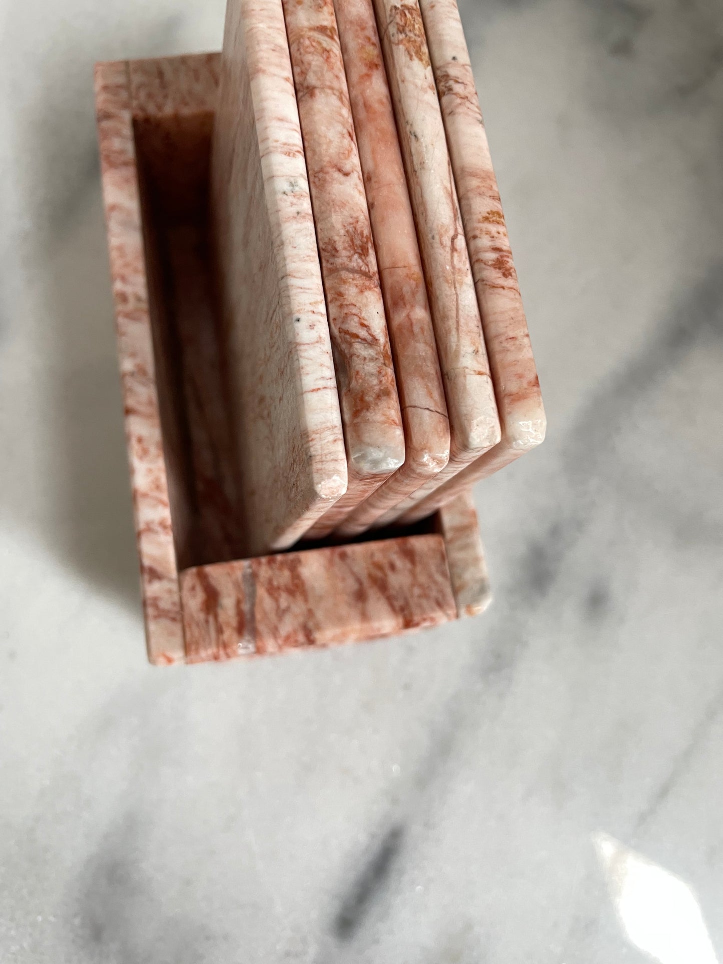 Mid 20th Century Pink Marble Coasters With Box Stand- 6 Pieces