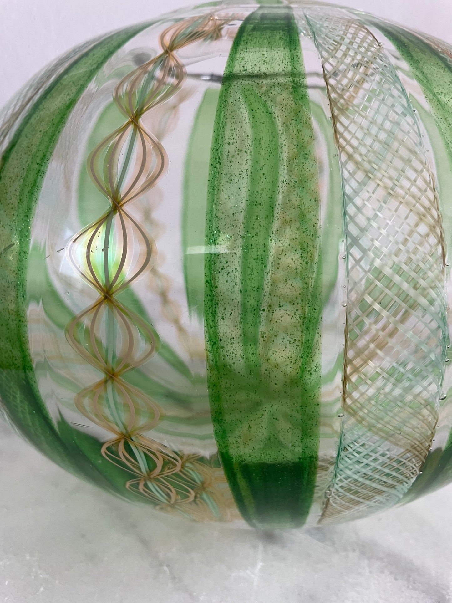 Late 20th Century Handblown Art Glass Vase in Green and Gold Stripe and Plaid Design