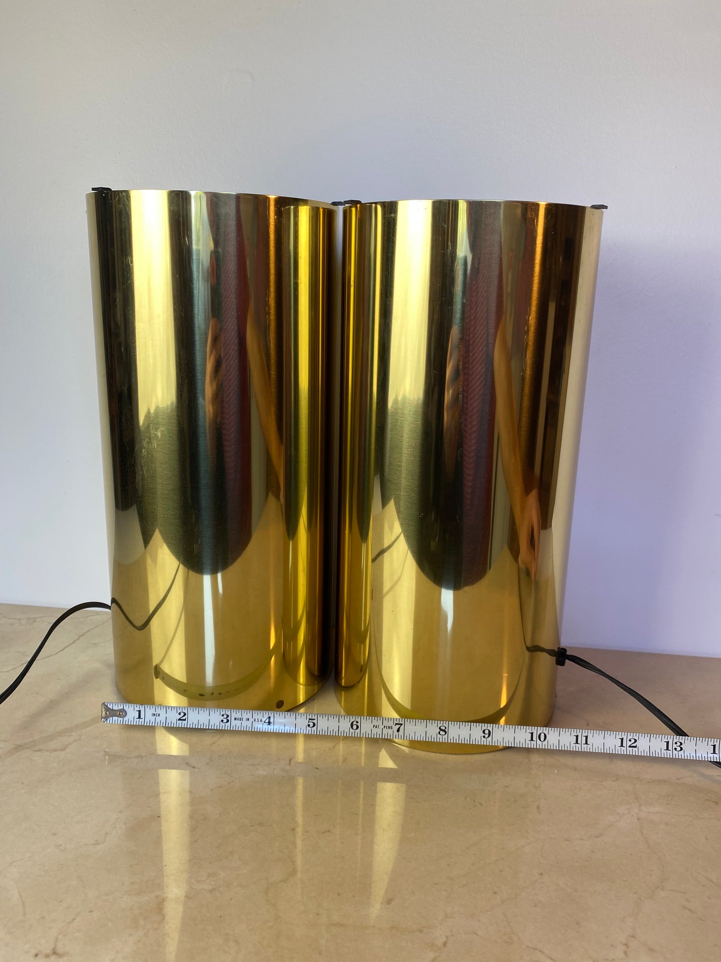 Pair of Vintage Brass Cylinder Table Lamps in the Style of Robert Sonneman, 1970s Modernist Uplights