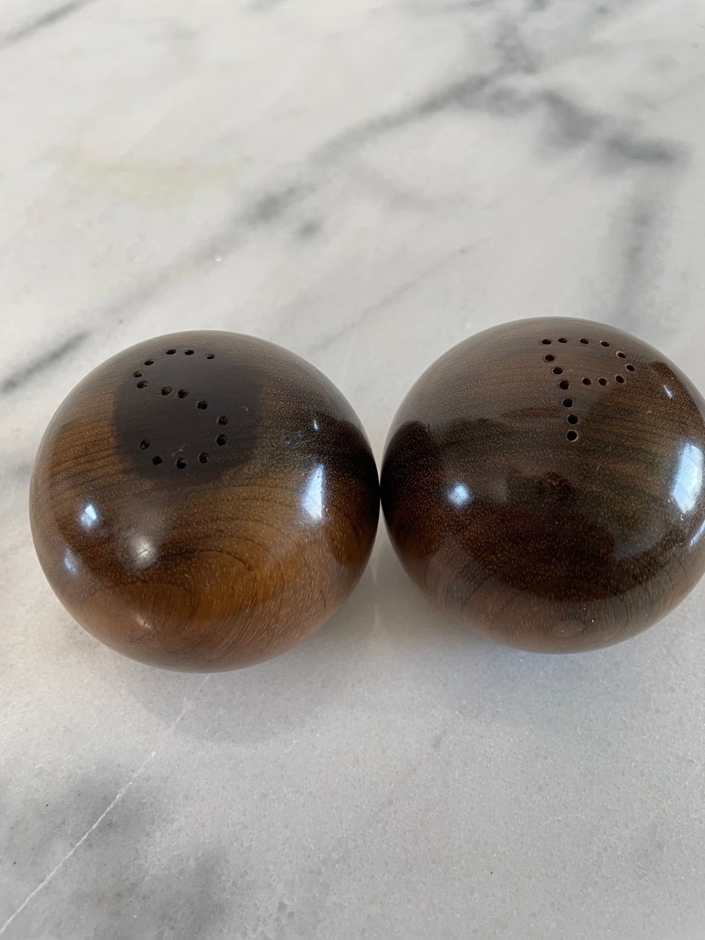 Mid 20th Century Solid Hardwood Walnut Sphere Salt & Pepper Shakers- a Pair