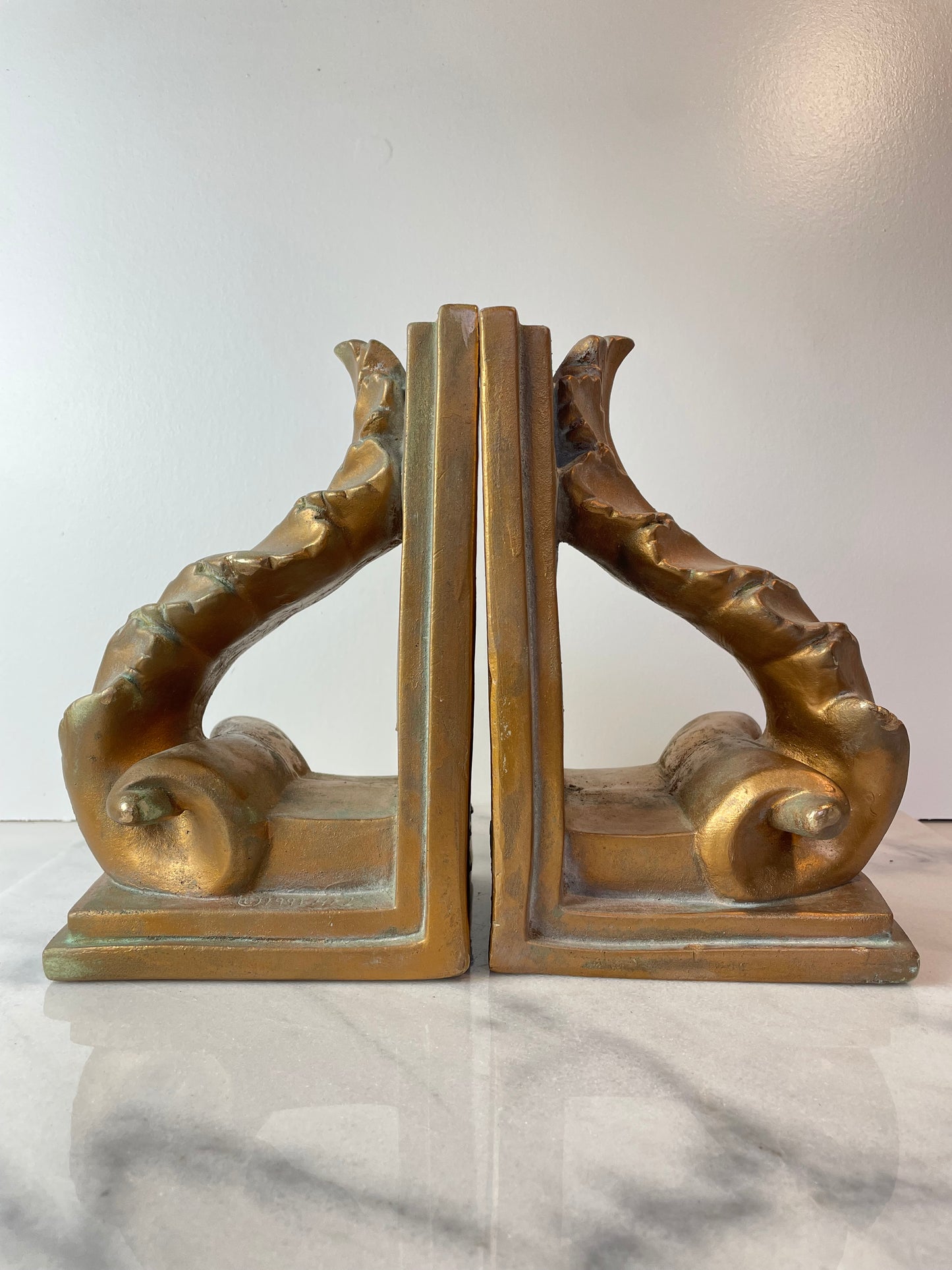 1991 Brushed Gold Plaster Acanthus Leaf Scroll Cornice Wall Sconces or Bookends