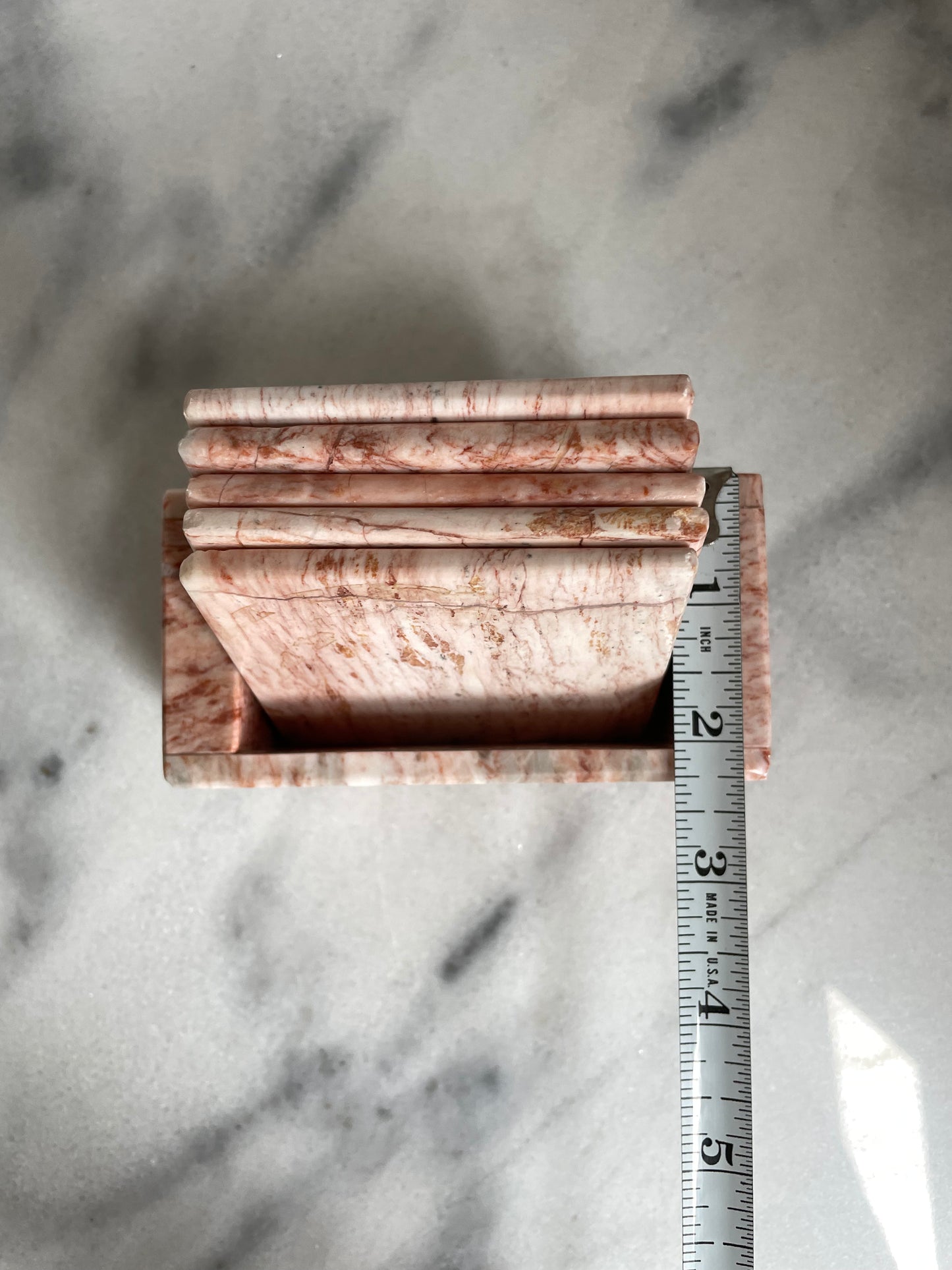 Mid 20th Century Pink Marble Coasters With Box Stand- 6 Pieces