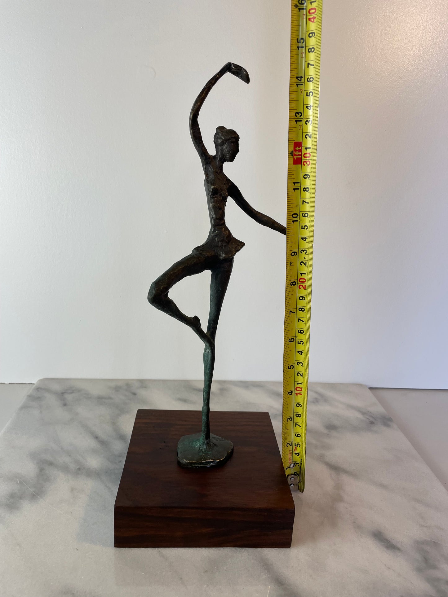 Vintage Abstract Bronze Ballerina Sculpture on Wood Base — Mid-Century Modern Figurative Art