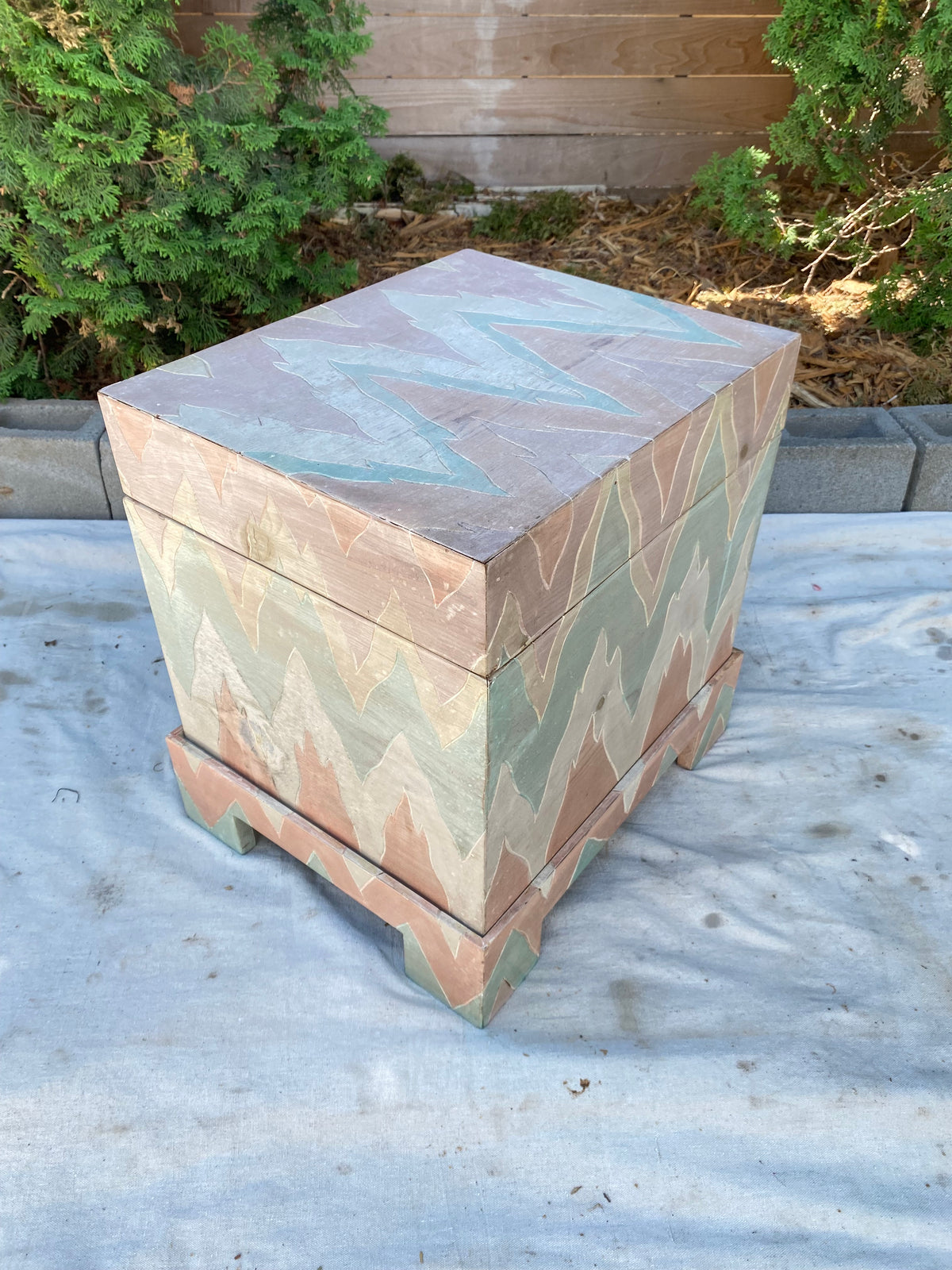 Vintage Hand-Painted Flame Chevron Wood Box on Stand