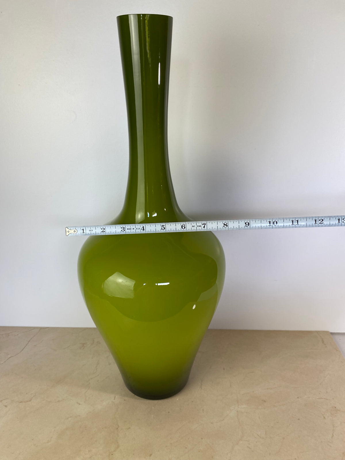Vintage Mid-Century Italian Empoli-Style Cased Glass Bottle Vase in Olive Green