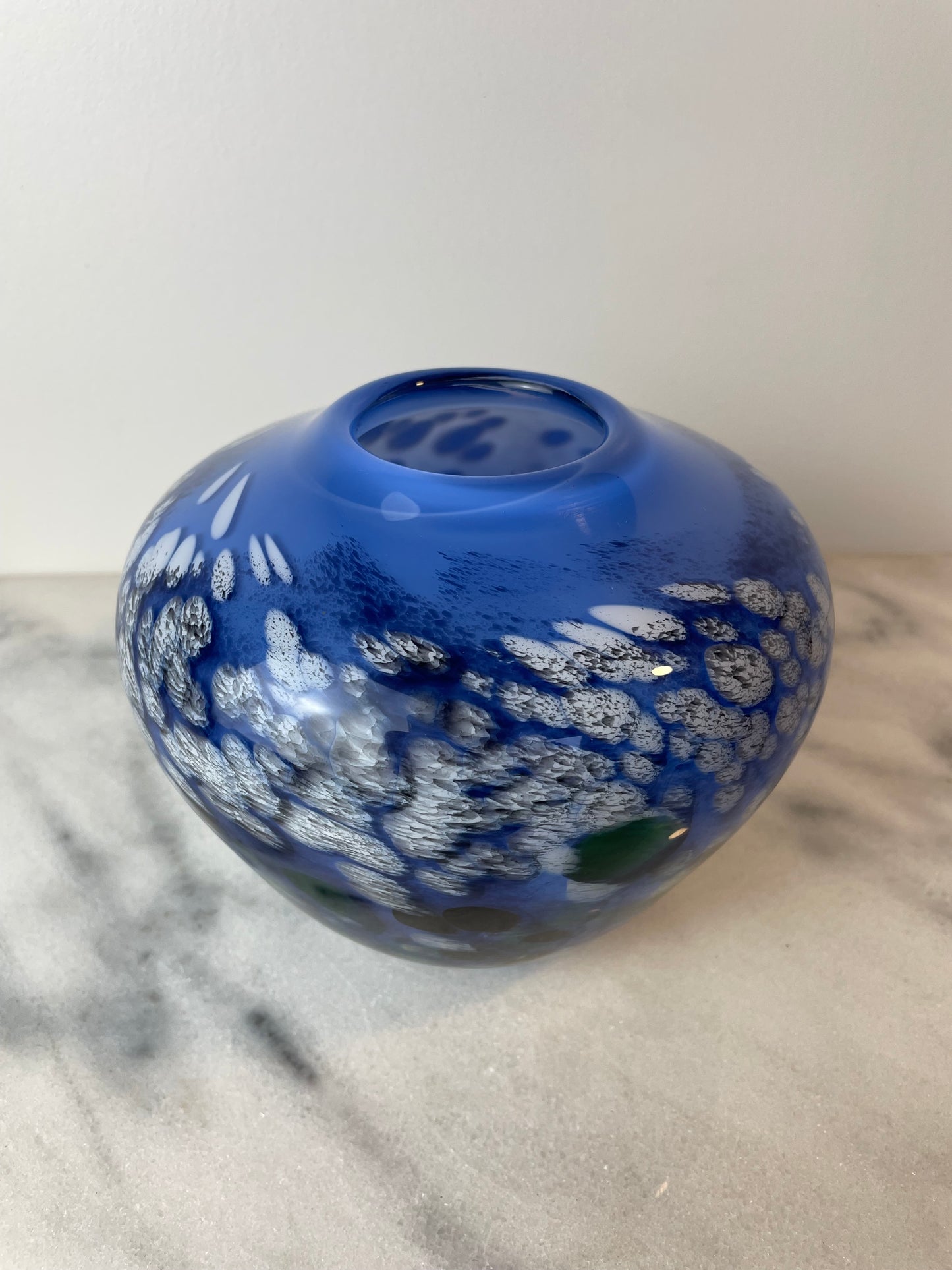 Signed James Kingwell Icefire Art Glass Vase in Blue Purple & White
