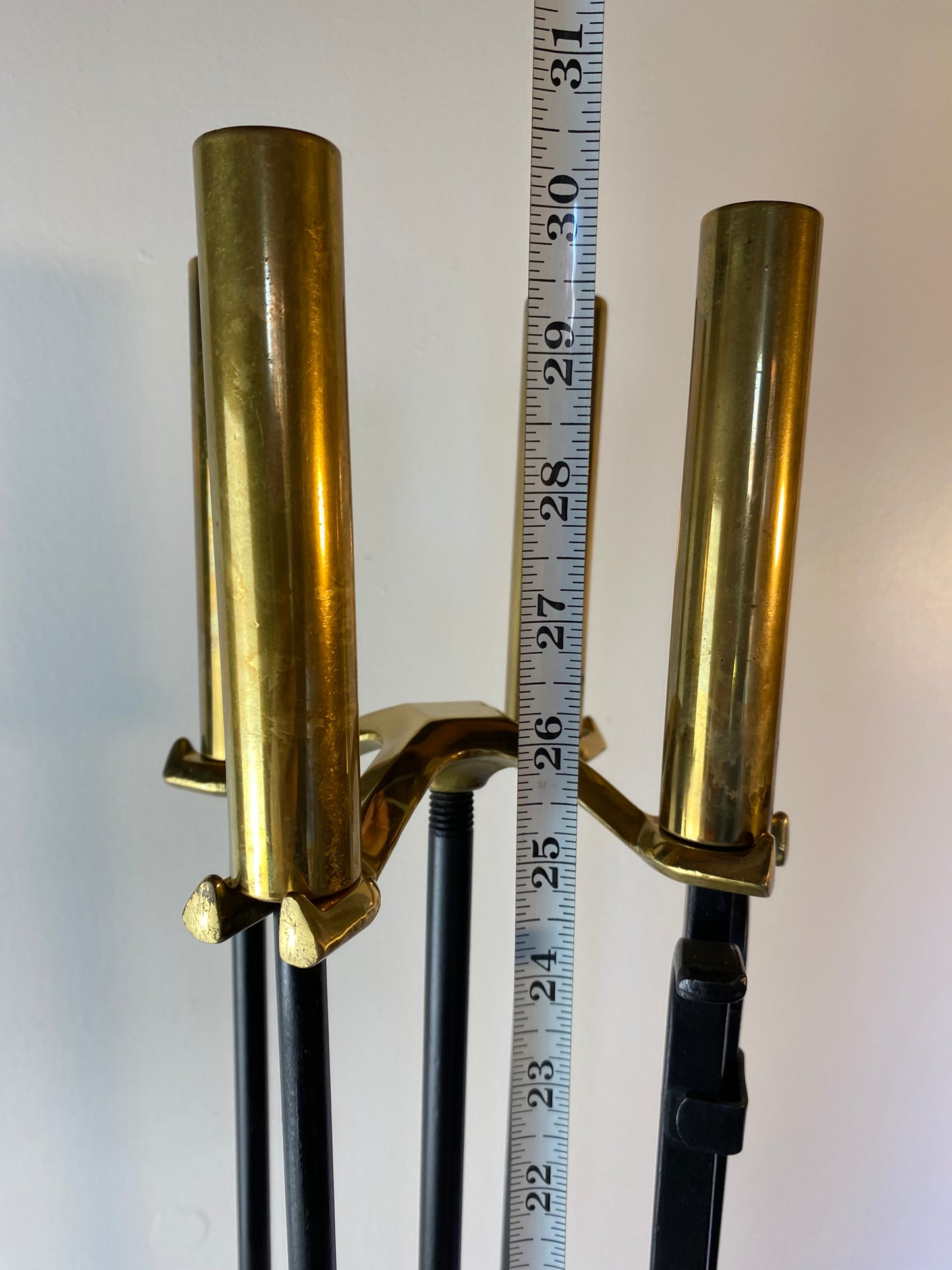 Modern Brass and Black Metal Fireplace Tool Set 4-Piece With Stand