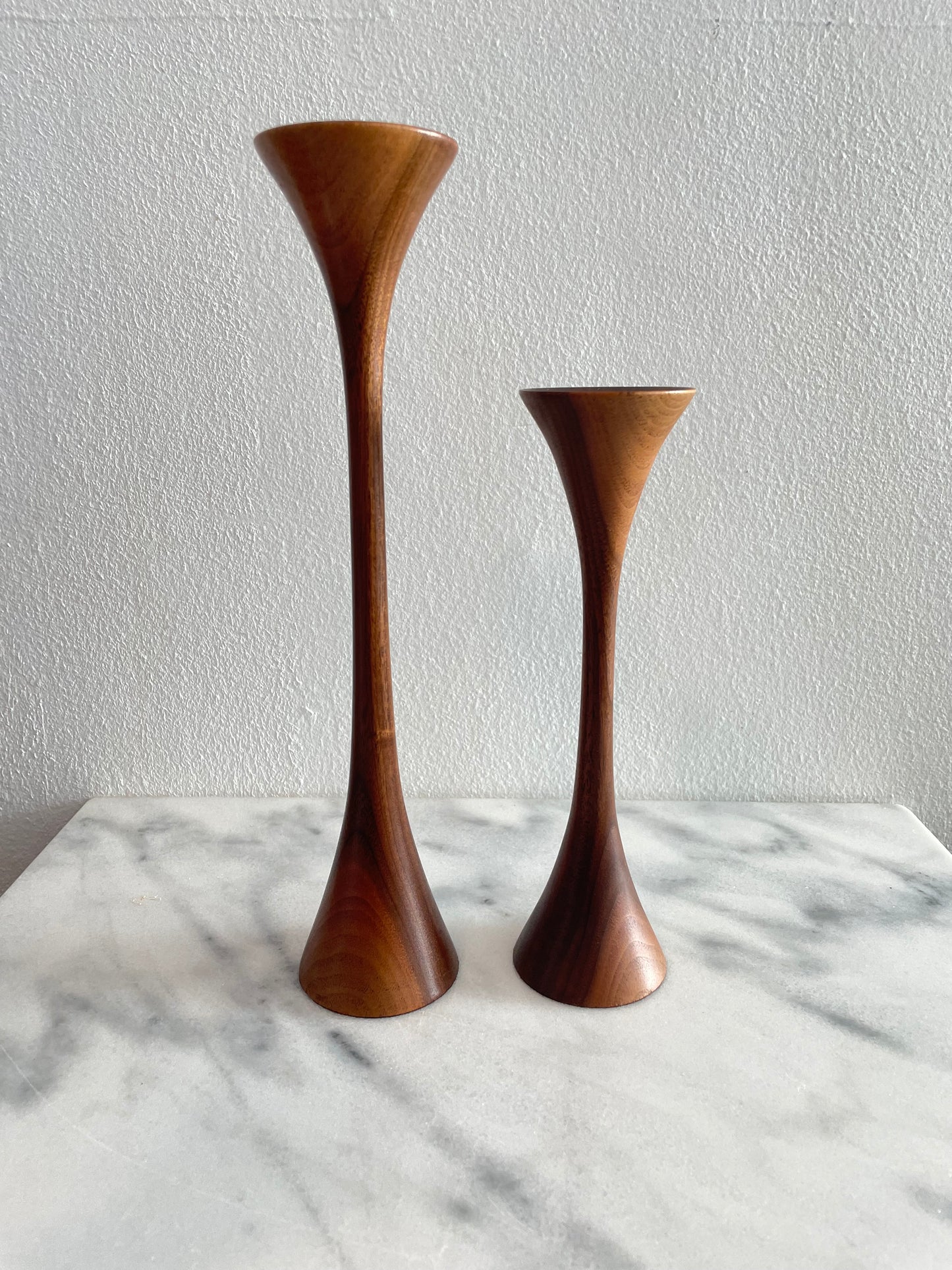 Mid-Century Walnut Tapered Tulip Candlesticks - Pair