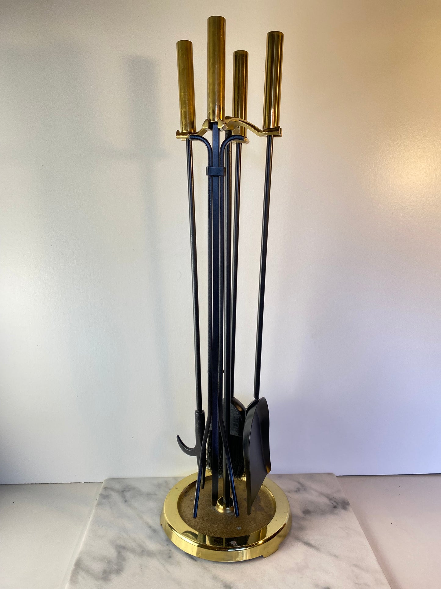 Modern Brass and Black Metal Fireplace Tool Set 4-Piece With Stand