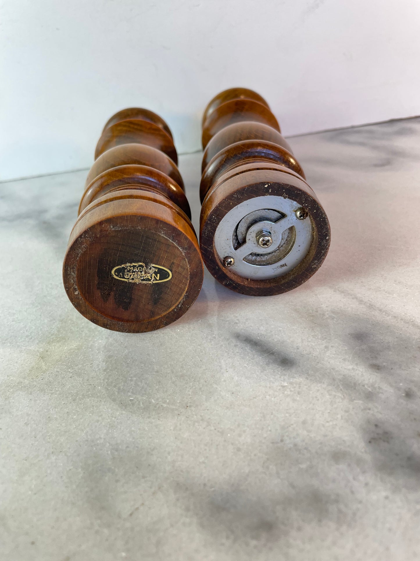 Mid Century Vintage Solid Turned Hardwood Salt Shaker & Pepper Grinder Set – Made in Japan