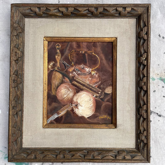 Vintage Rustic Kitchen Still Life Oil on Canvas Board Framed