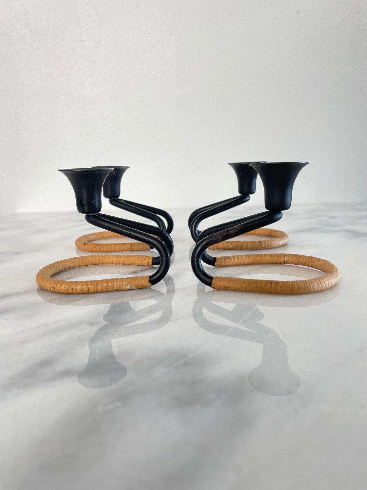 Mid 20th Century Walter Bosse Blacked Steel & Woven Natural Raffia Fiber Candlesticks, Unmarked - Set of 4