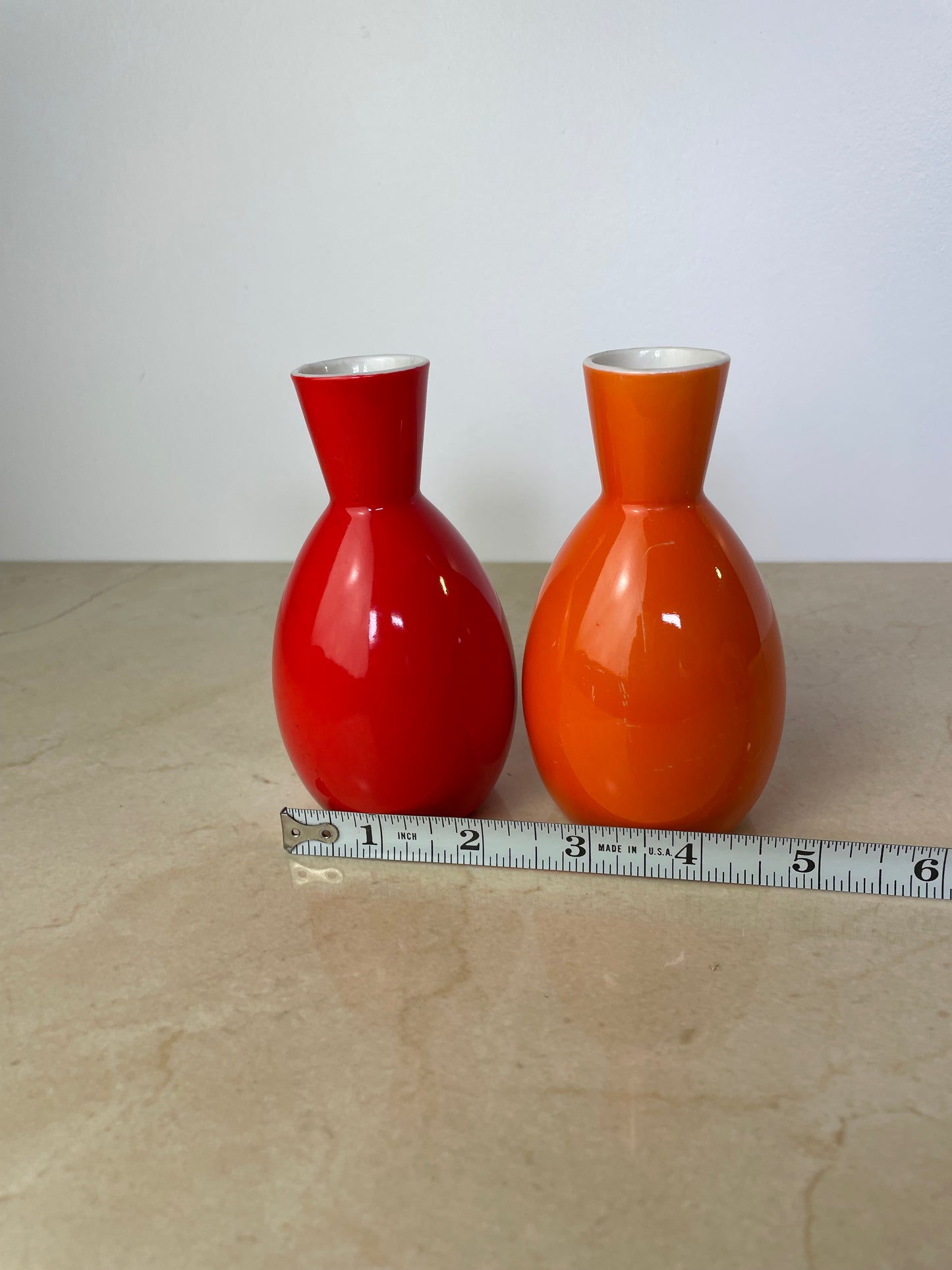 Pair Vintage Omc Japan Ceramic Sake Bottles, Red & Orange