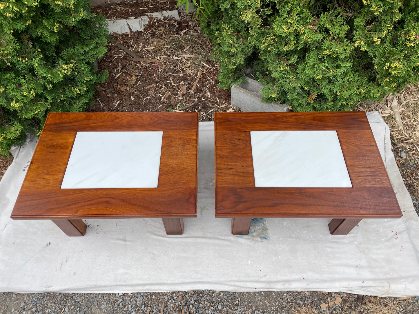 Mid-Century Studio Solid Walnut & Marble Side Tables Pair