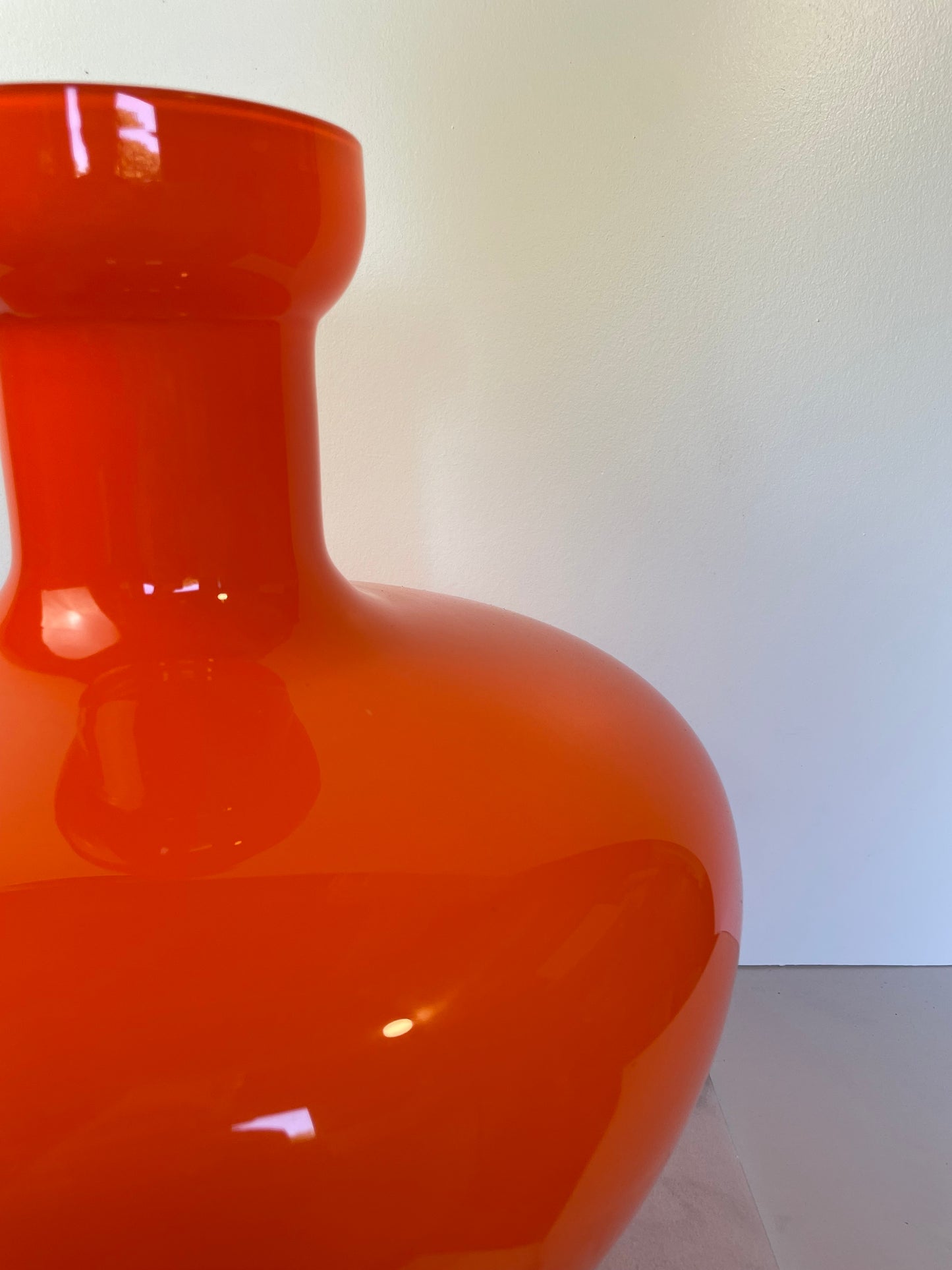 Large Scale Murano Orange Cased Glass Vase in the Manner of Carlo Moretti.