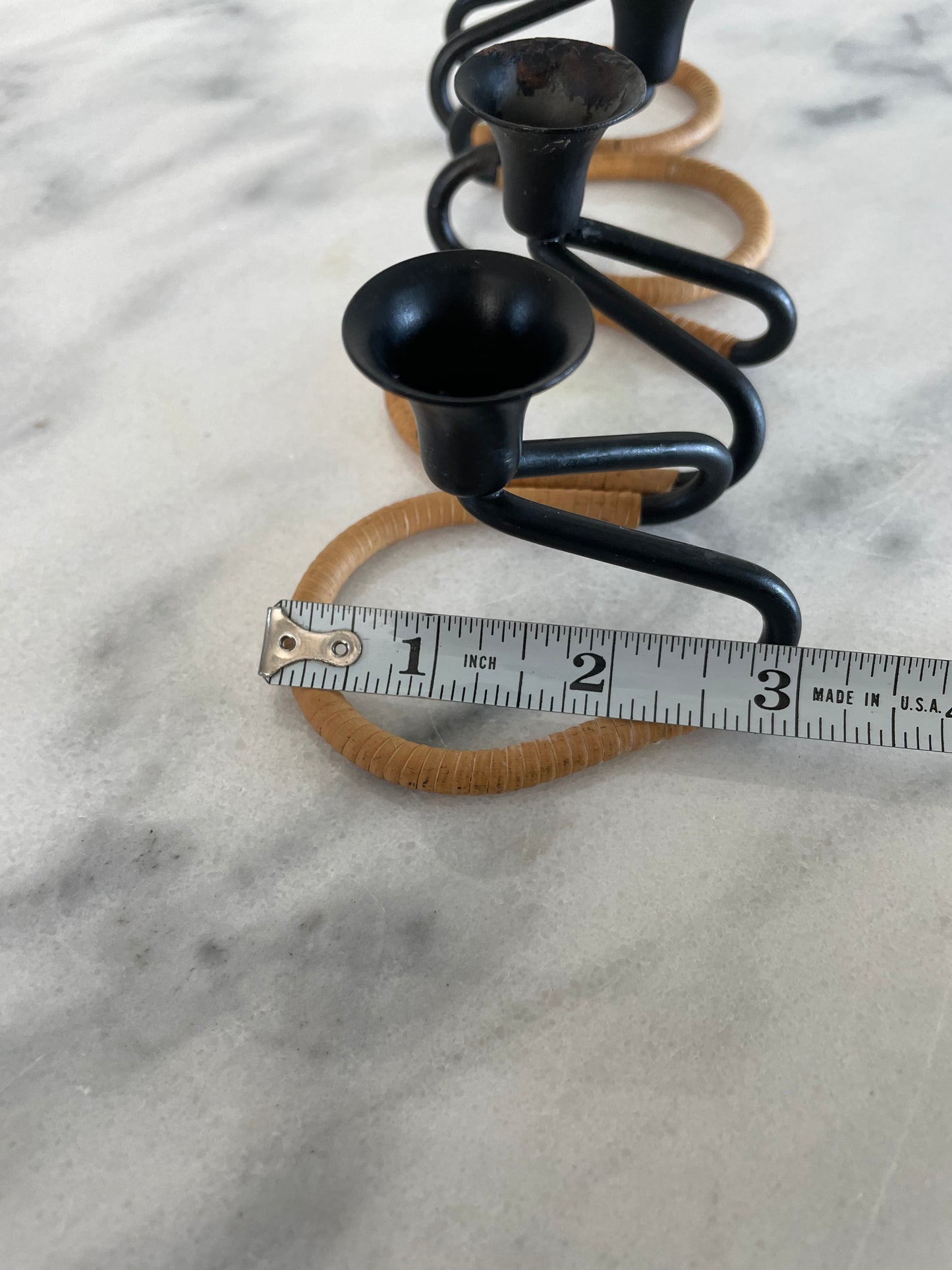 Mid 20th Century Walter Bosse Blacked Steel & Woven Natural Raffia Fiber Candlesticks, Unmarked - Set of 4