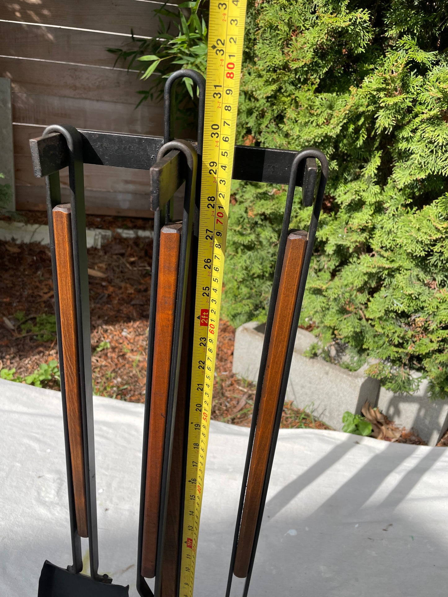 Mid Century Tony Paul Style Wood and Wrought Iron Fireplace Tools Set- 4 Pieces