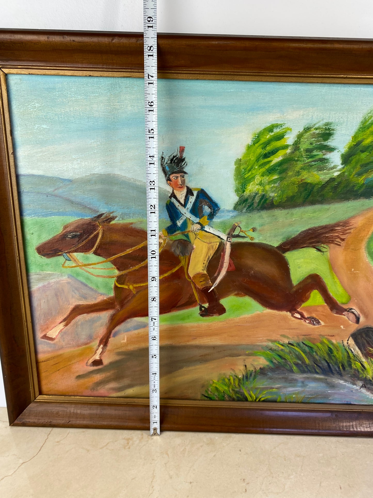 Vintage Naive Folk Art Painting, Equestrian Officer, Signed Anna Werner