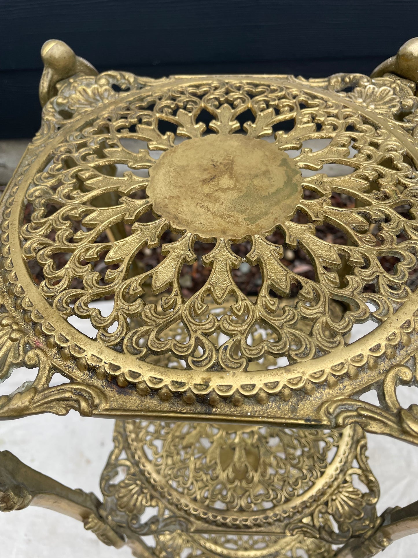 Vintage Ornate Brass Three-Tier Plant Stand Accent Table — Hollywood Regency Style