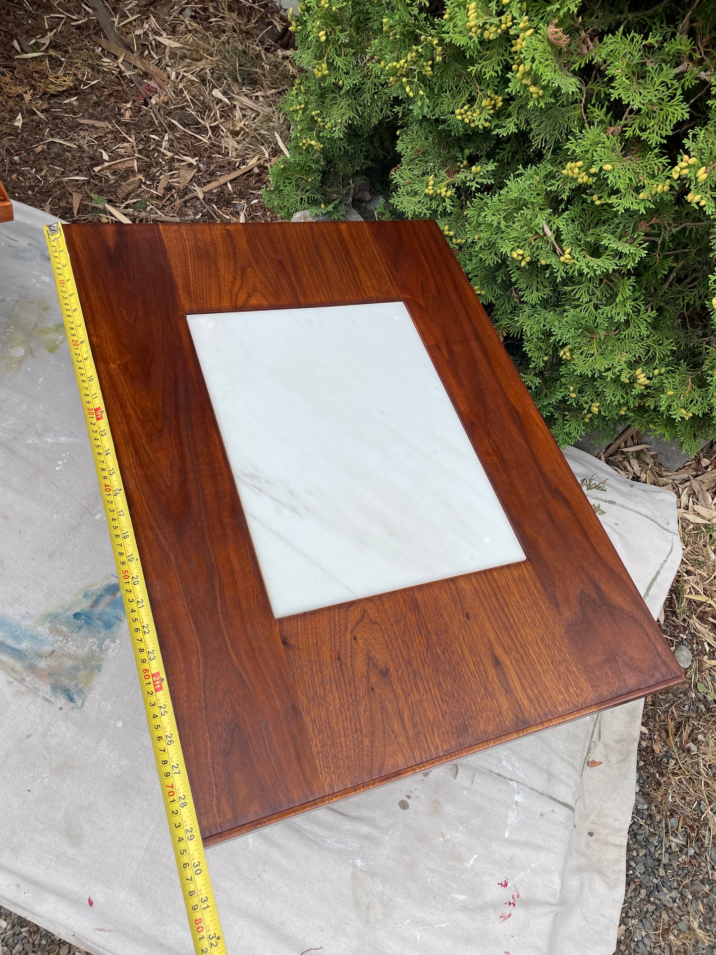 Mid-Century Studio Solid Walnut & Marble Side Tables Pair