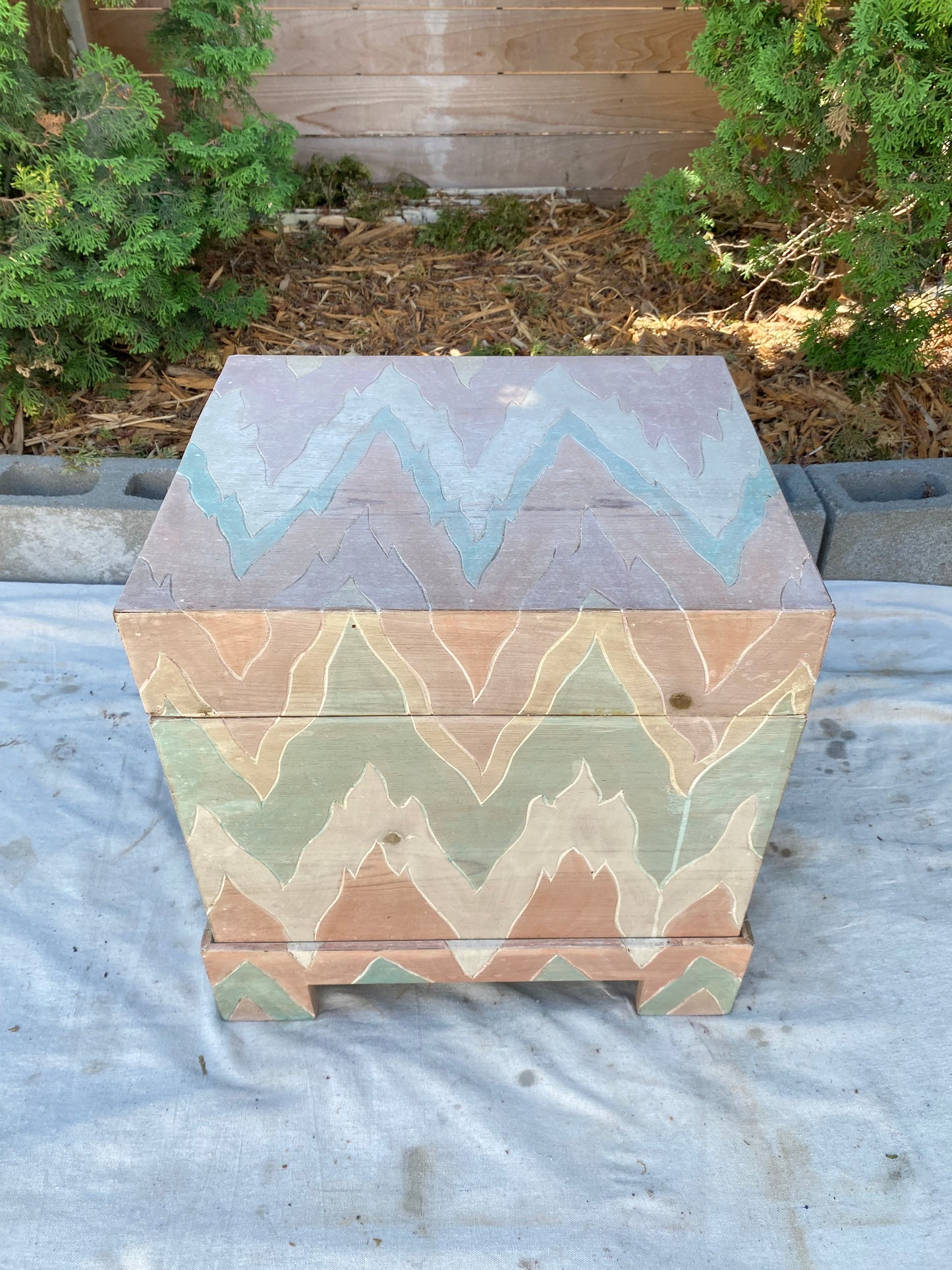 Vintage Hand-Painted Flame Chevron Wood Box on Stand