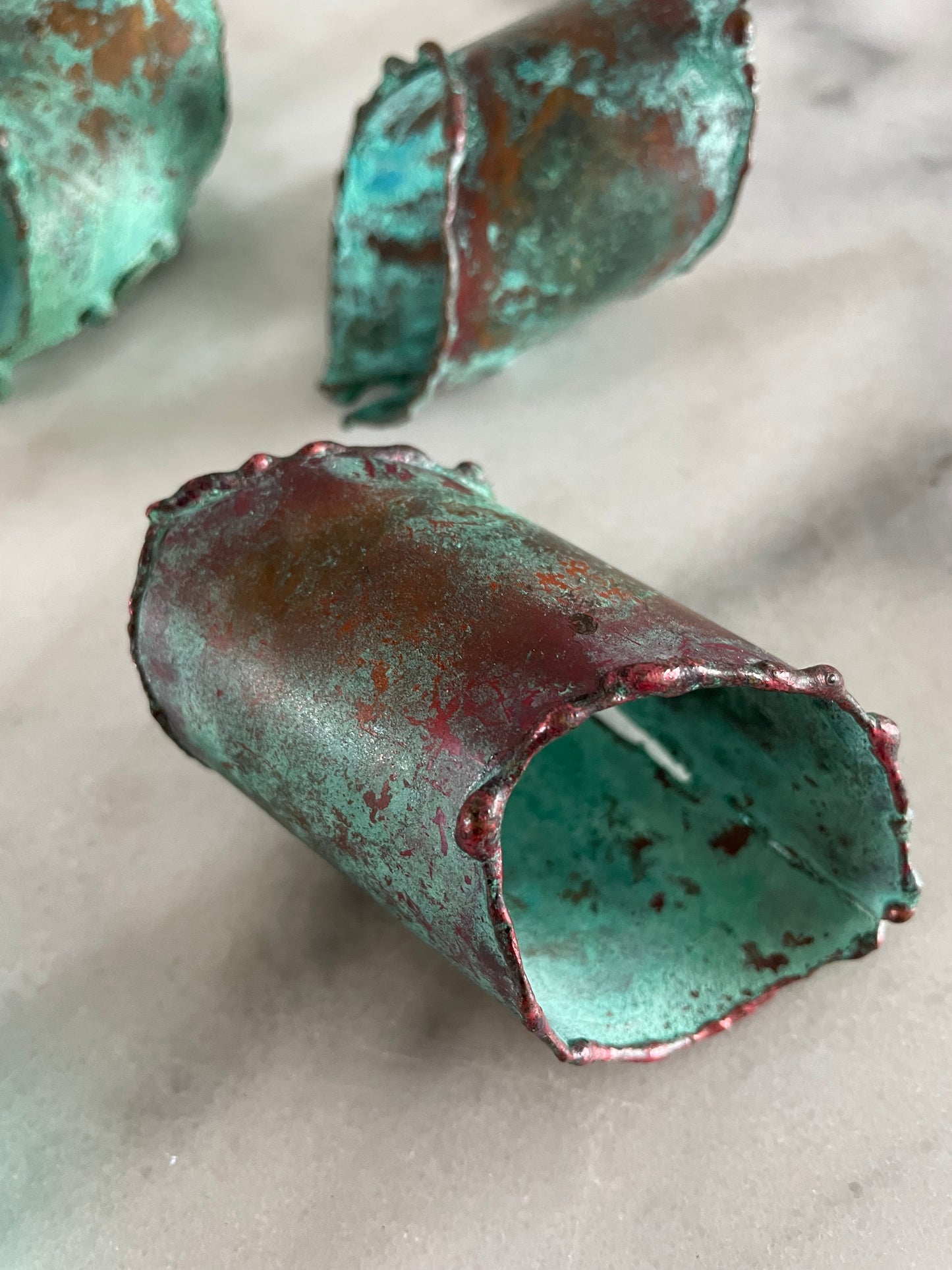 Mid 20th Century Rustic Verdigris Patina Copper Napkin Rings - Set of 6
