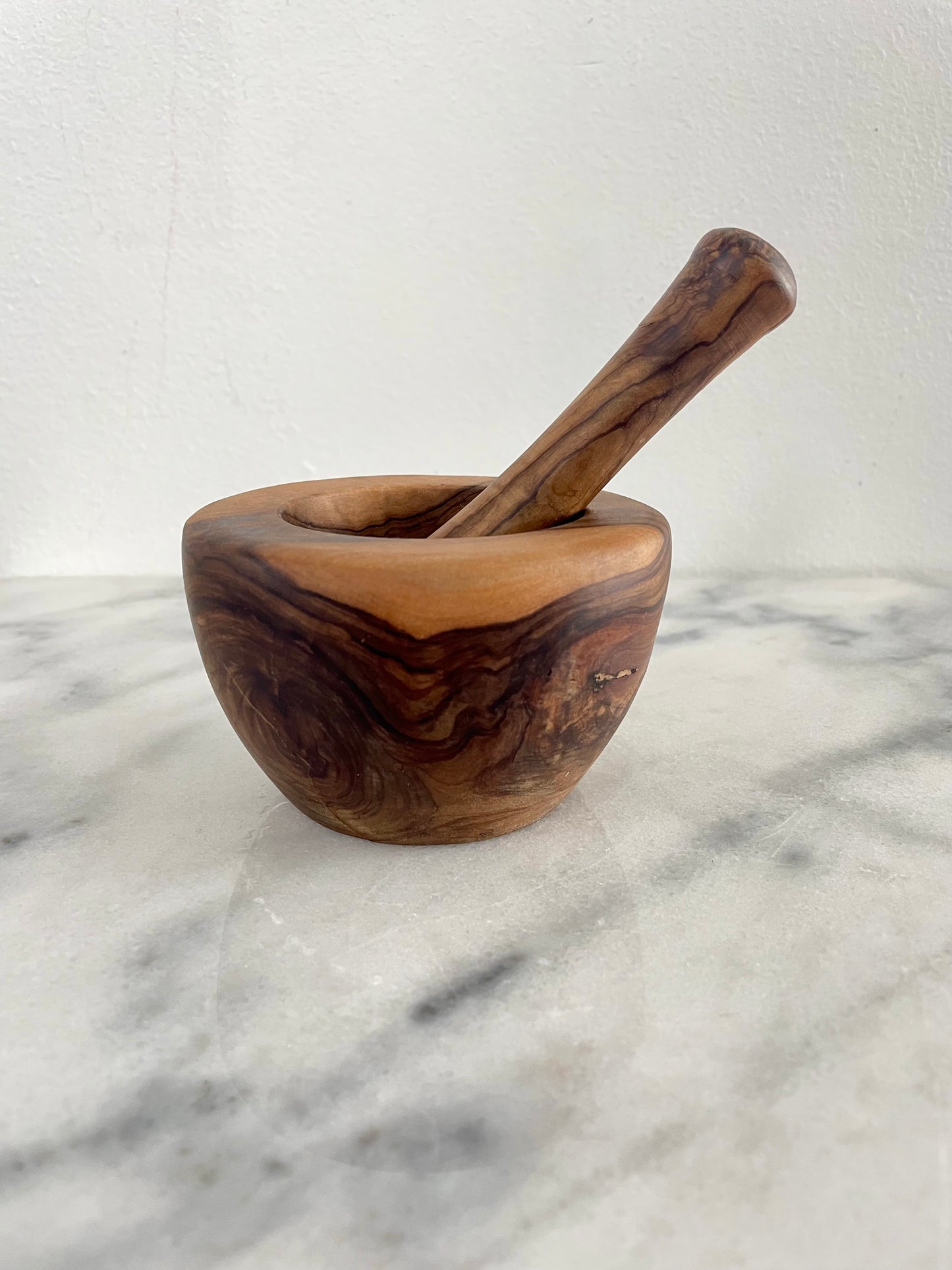 Vintage Turned Olive Wood Mortar and Pestle - 2 Piece Set